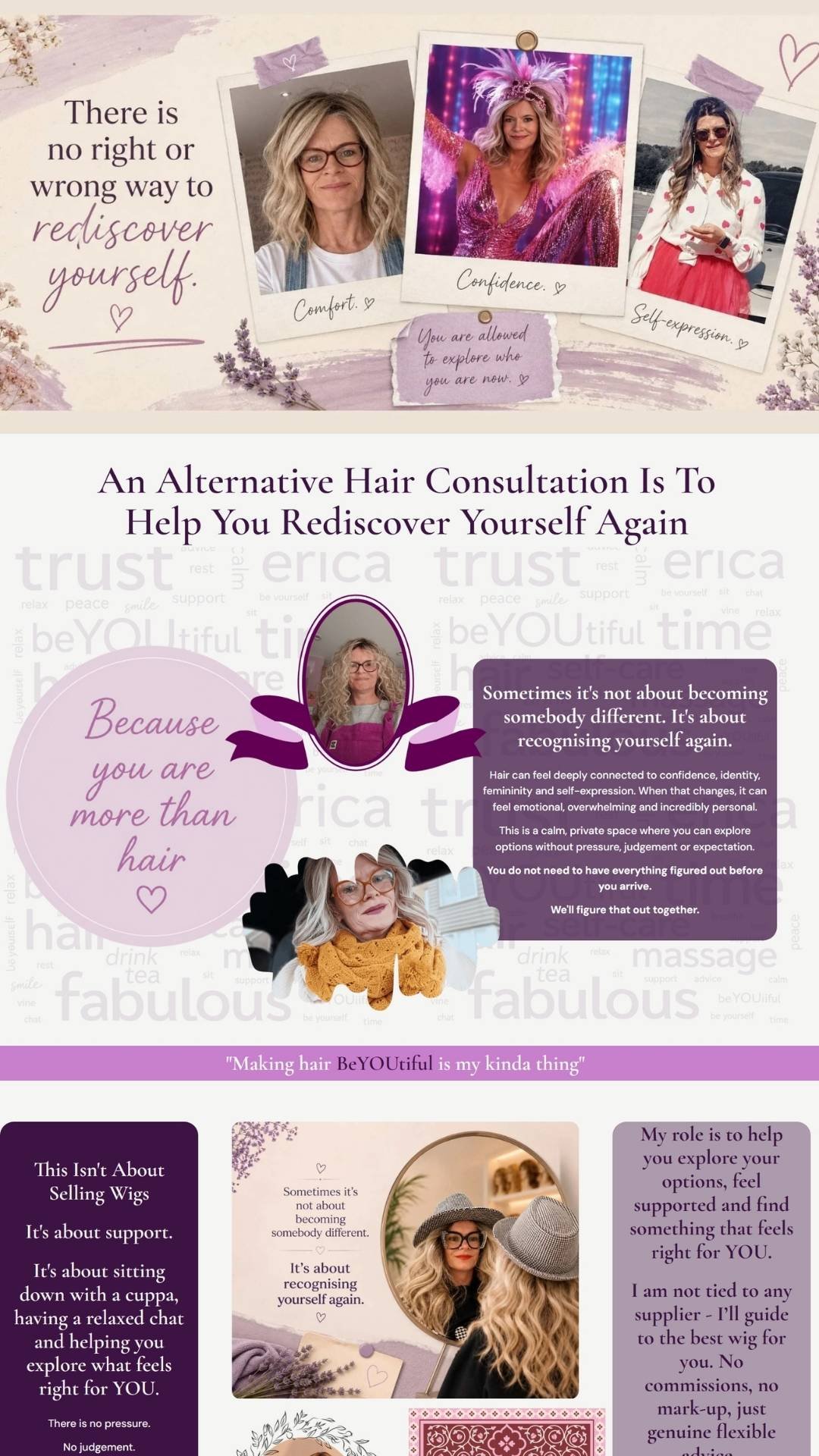 Gathering of promotional images and text about alternative hair consultations, featuring smiling women and quotes emphasizing self-discovery, confidence, and support.