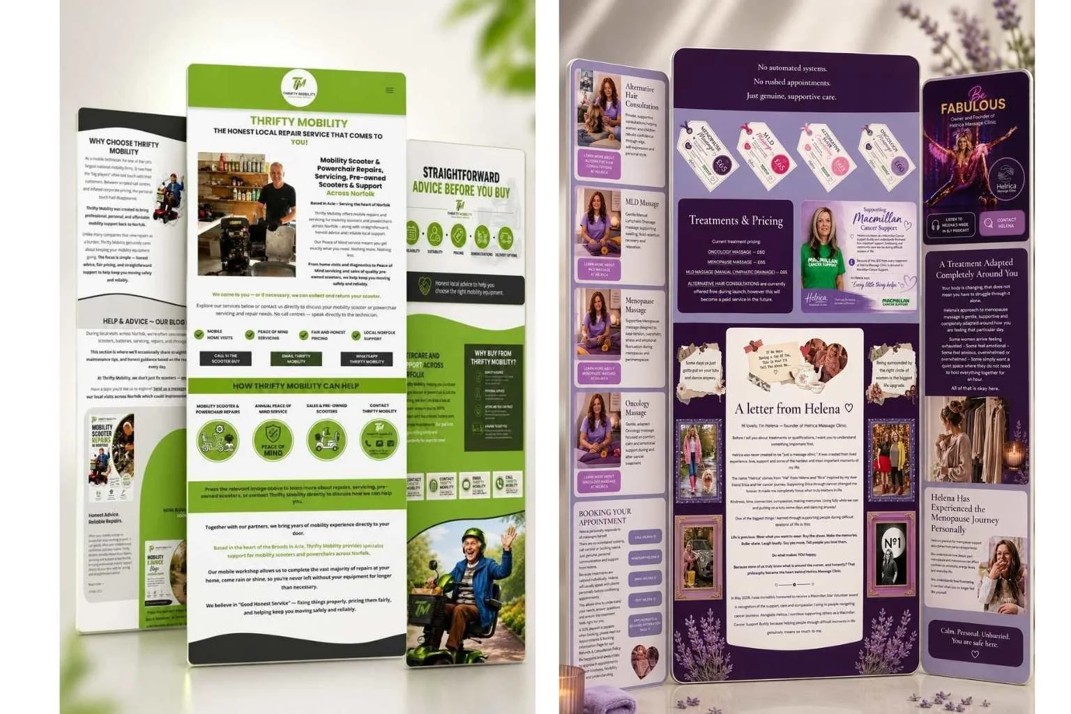 Bespoke website design examples for Thrifty Mobility and Helrica Massage Clinic showing how each website reflects the individual business and brand.