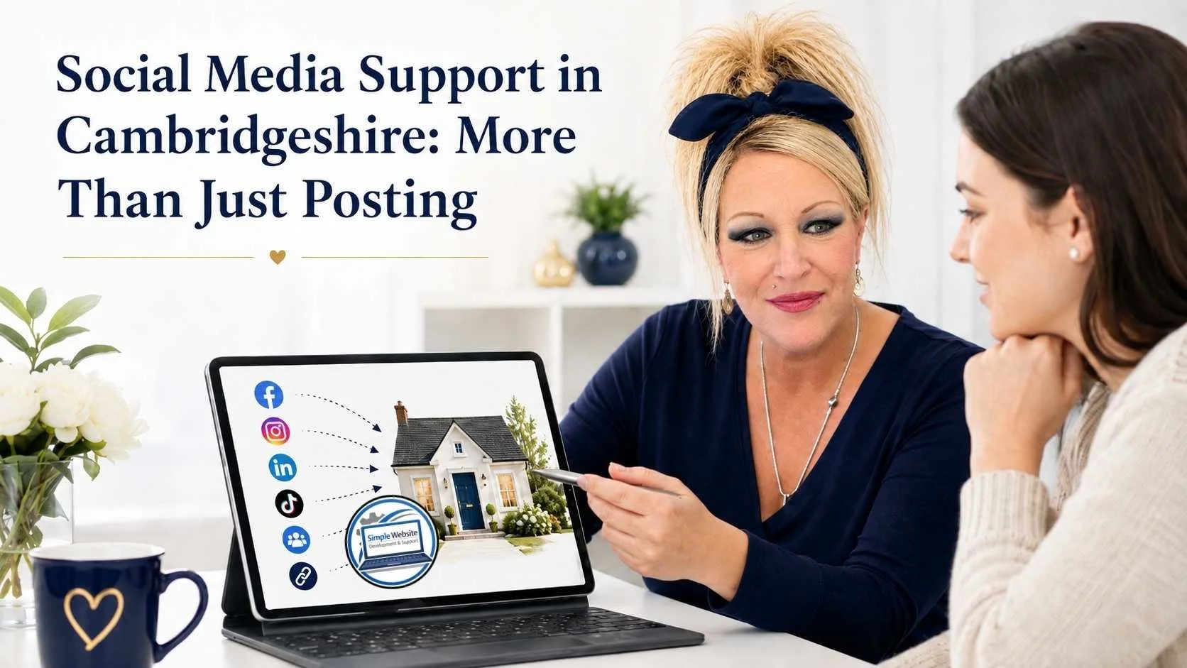 Social media support consultation showing Facebook, Instagram, LinkedIn and TikTok leading customers towards a business website.