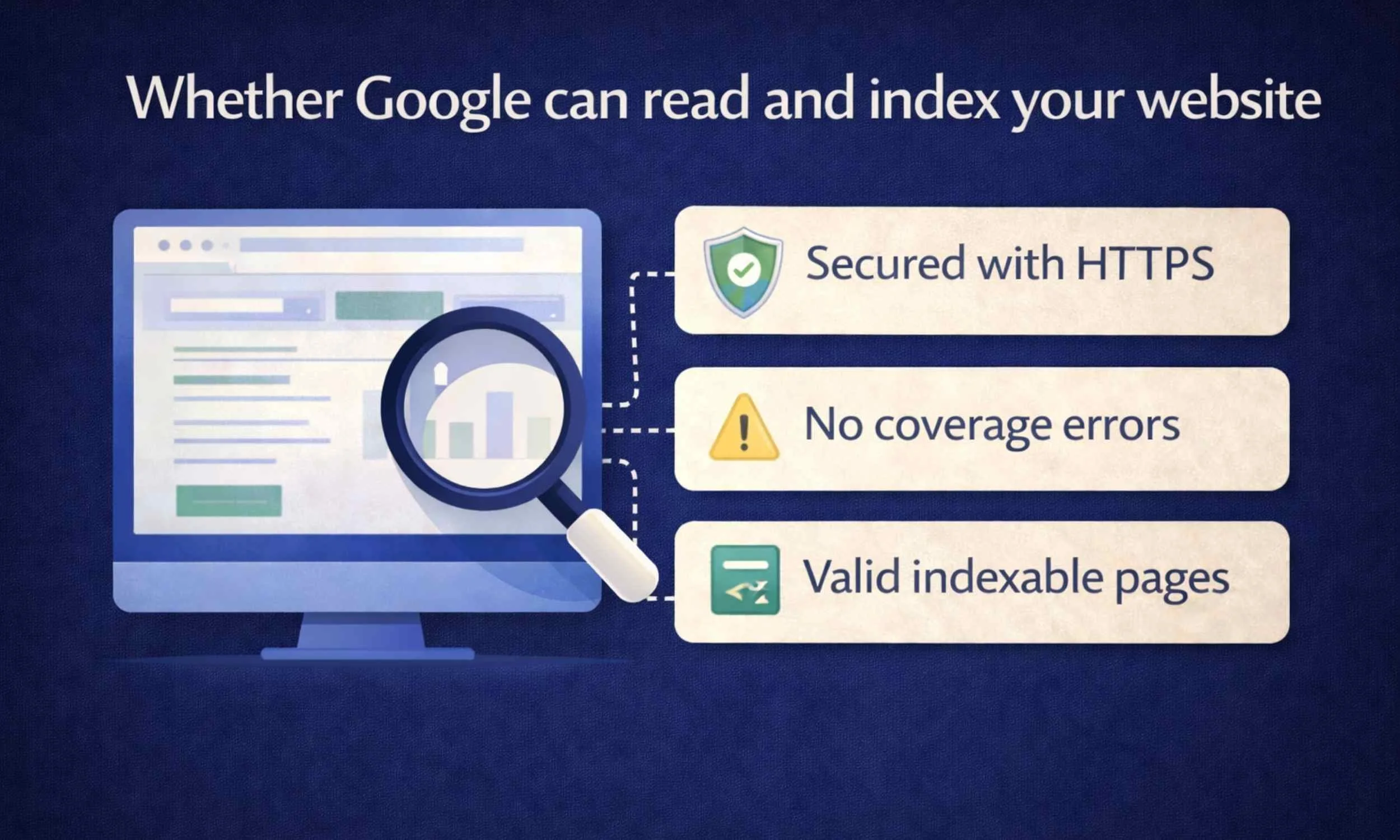 Illustration showing how Google reads and indexes a website, including HTTPS security, coverage errors and valid indexable pages.