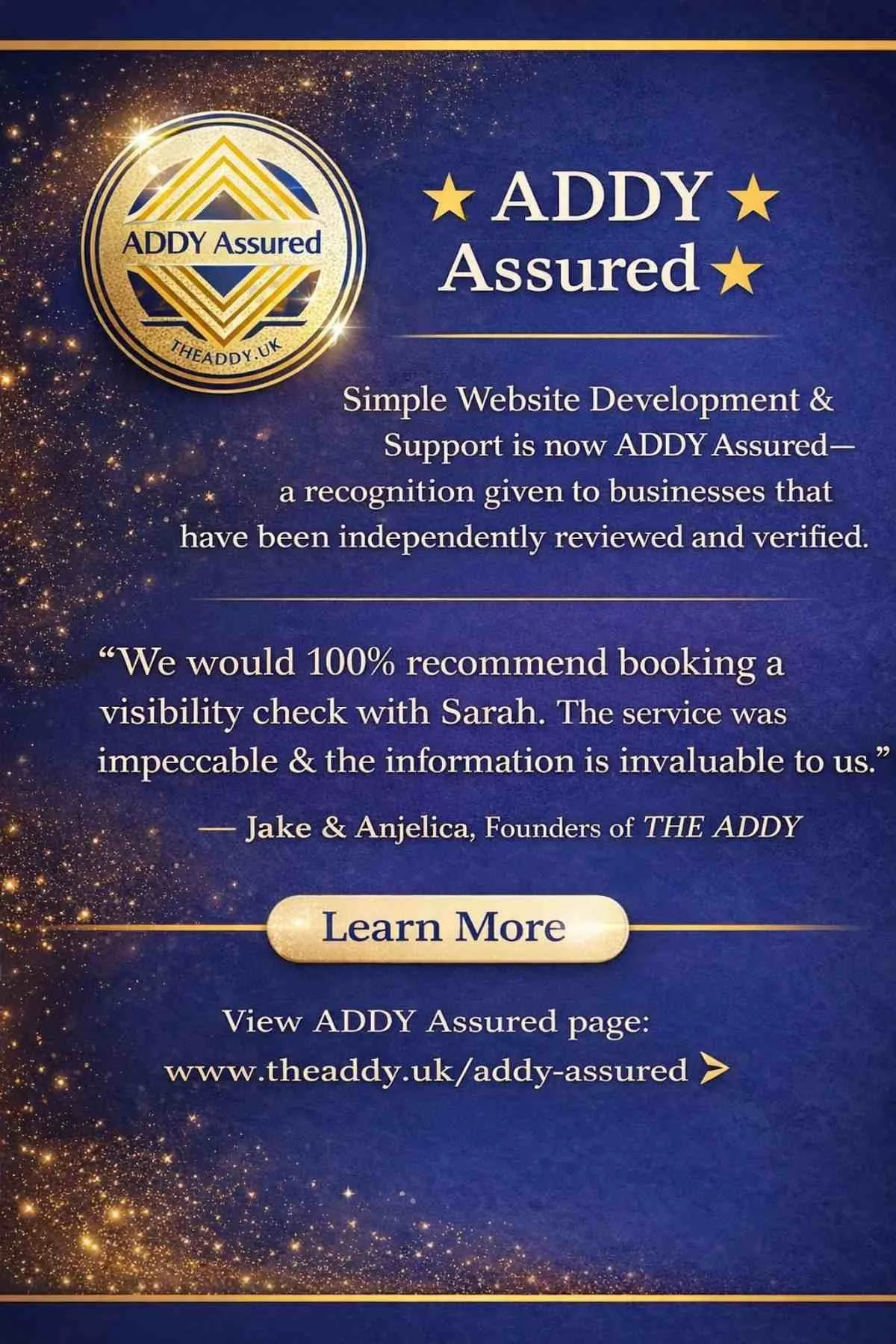ADDY Assured badge and testimonial recognising Simple Website Development & Support as a verified UK website designer with client recommendation from The Addy founders