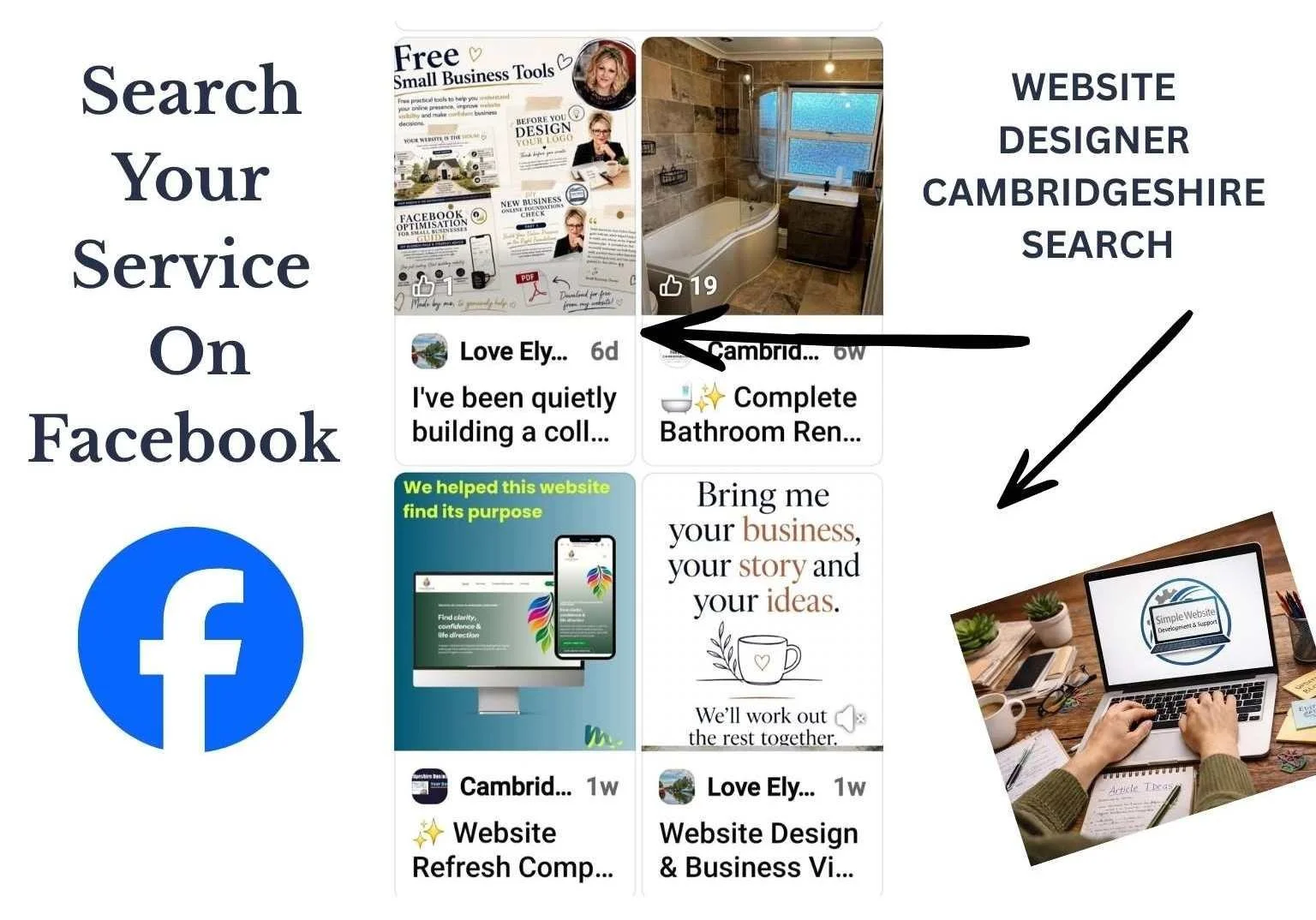 Facebook search results for website designer Cambridgeshire showing business posts and Simple Website Development & Support content.