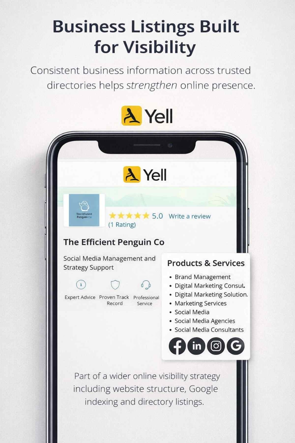 Example Yell business directory listing for The Efficient Penguin Co showing services, contact details and structured business information supporting online visibility.