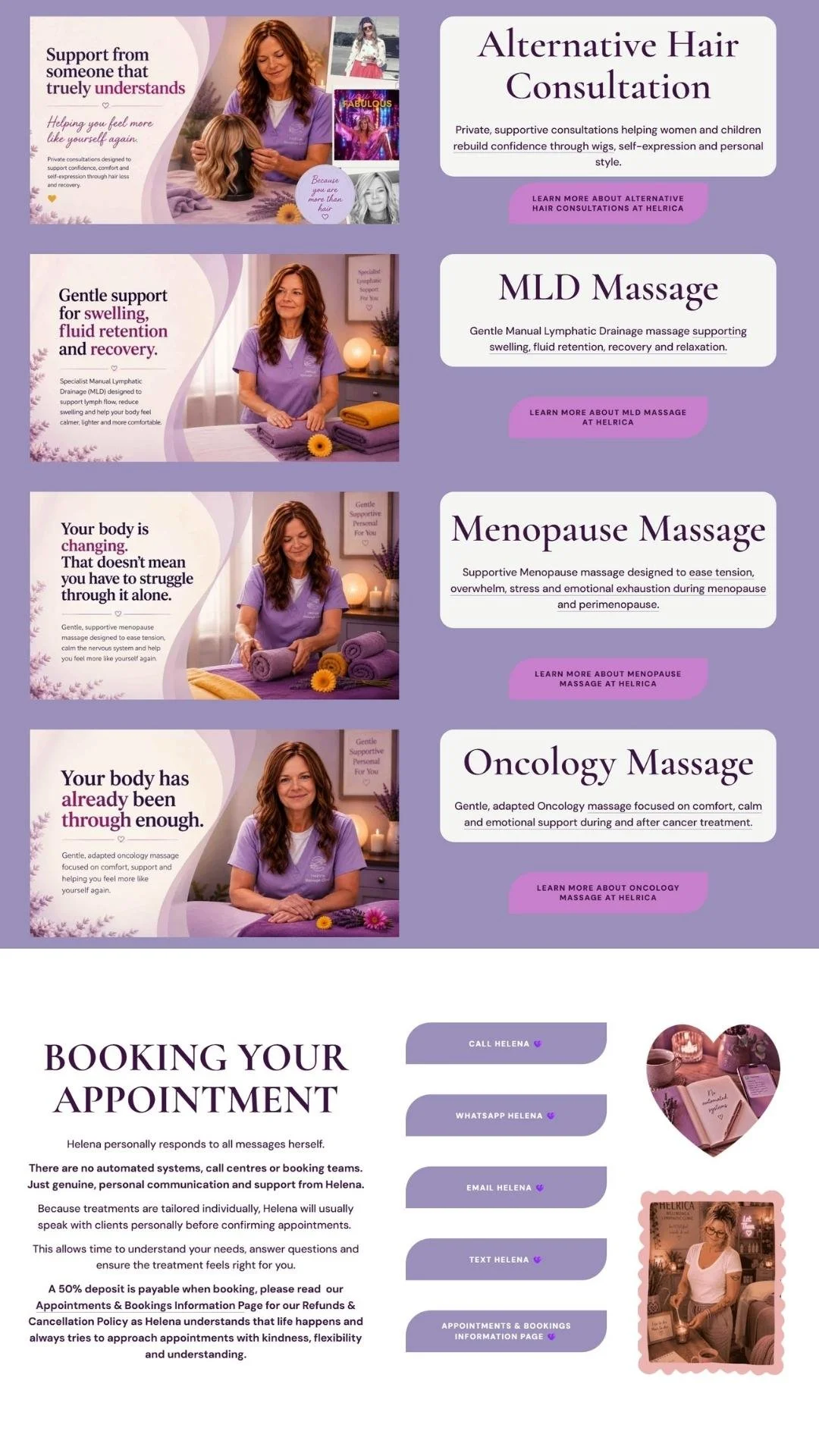 Helrica Massage Clinic services and booking page showcasing oncology massage, menopause massage, manual lymphatic drainage and alternative hair consultations in Littleport, Cambridgeshire. Website built by Simple Website Development & Support.
