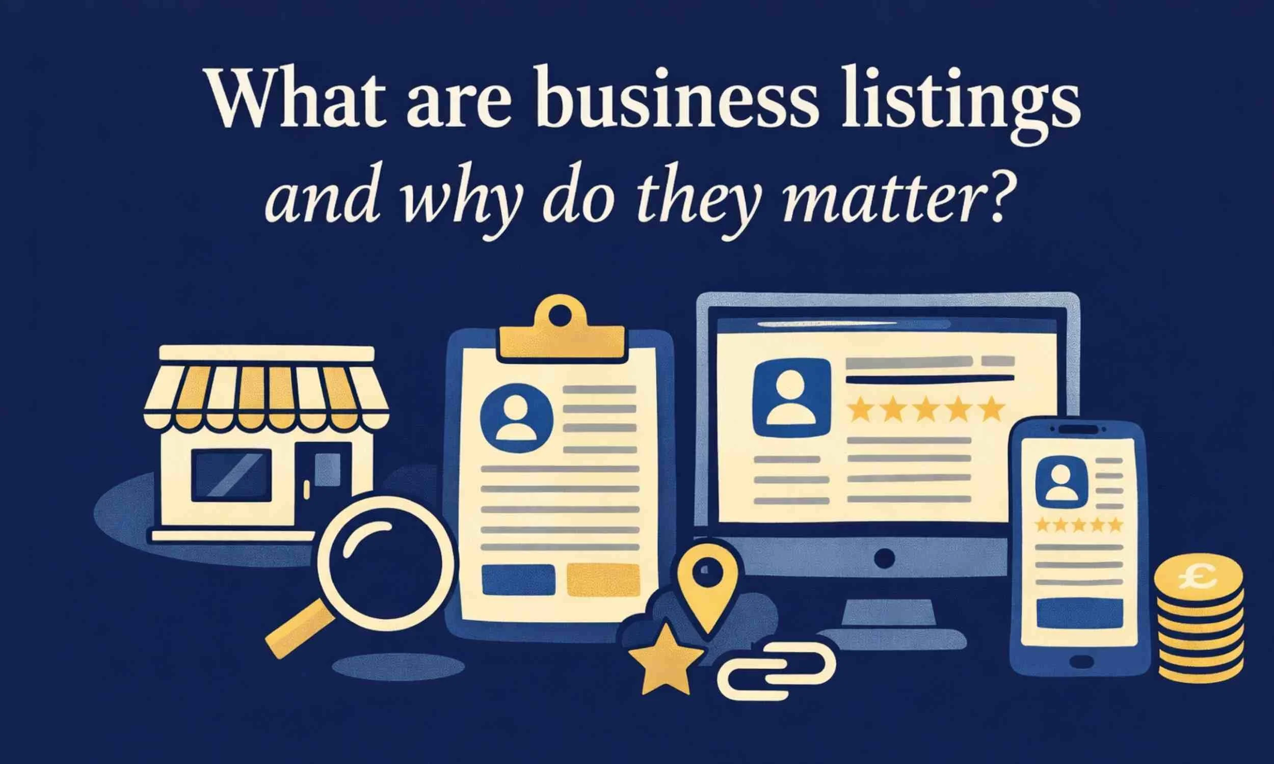Illustration showing how business listings help customers find local businesses online