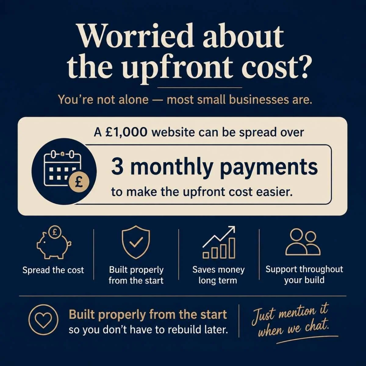Small business website cost UK showing £1000 website payment plan split into 3 monthly payments to make the upfront cost easier