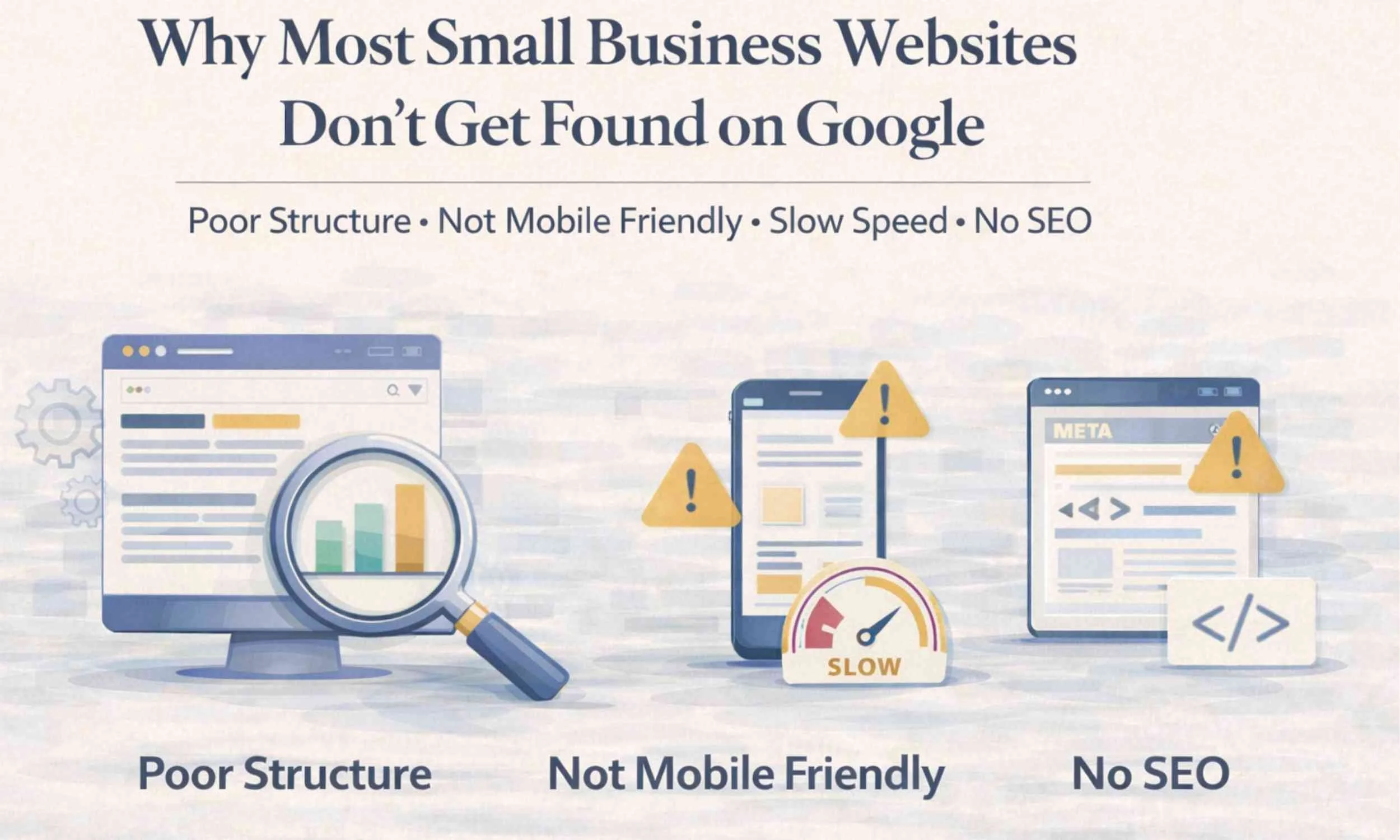 Reasons small business websites fail to appear on Google including poor structure, slow speed, weak SEO and lack of mobile optimisation.