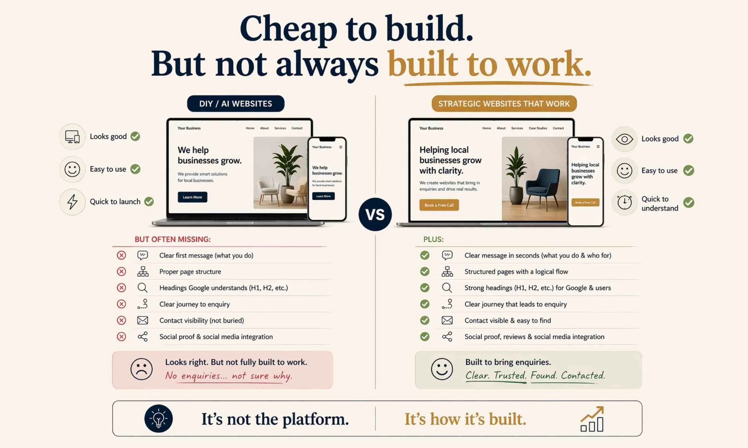 Cheap website vs strategic website comparison for small business UK showing missing structure, SEO and enquiry journey versus websites built to generate enquiries