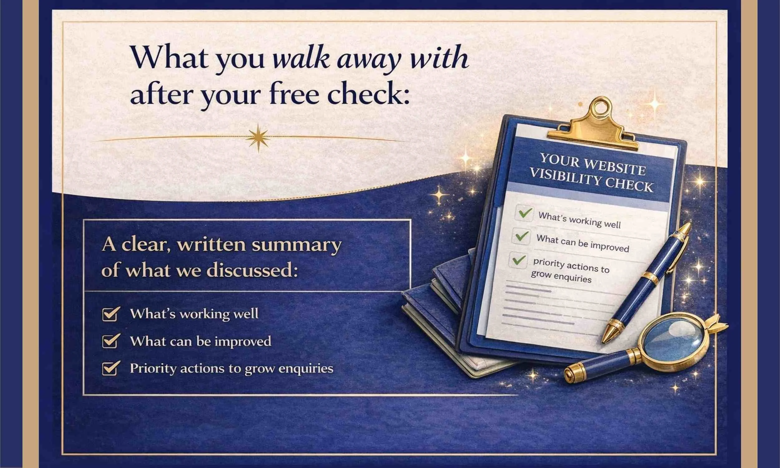 Website Visibility Check report for small businesses including written summary, improvements and priority actions to increase enquiries and Google visibility