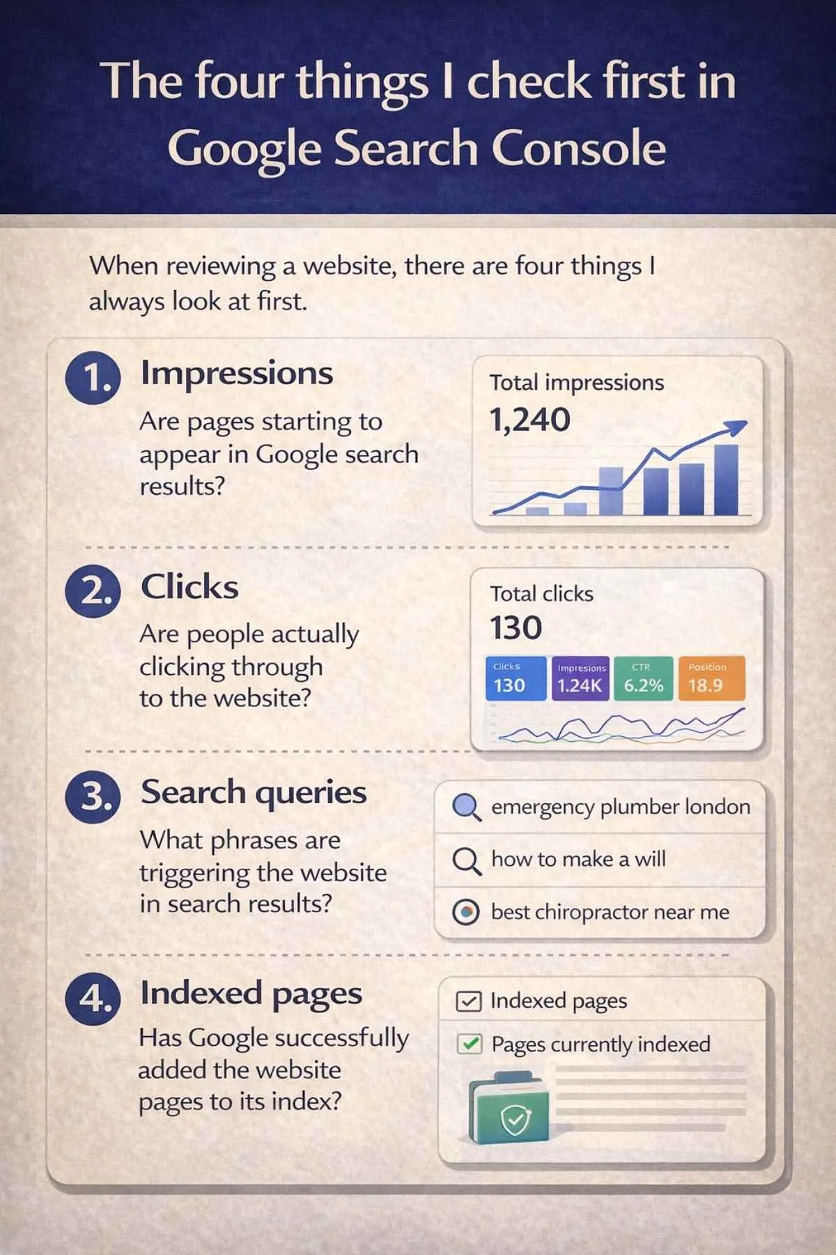 Graphic explaining the four main Google Search Console metrics for websites: impressions, clicks, search queries and indexed pages.