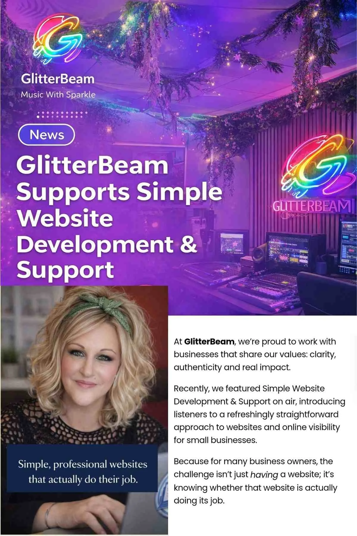 GlitterBeam Radio feature highlighting Simple Website Development & Support, a UK website designer helping small businesses improve online visibility and enquiries
