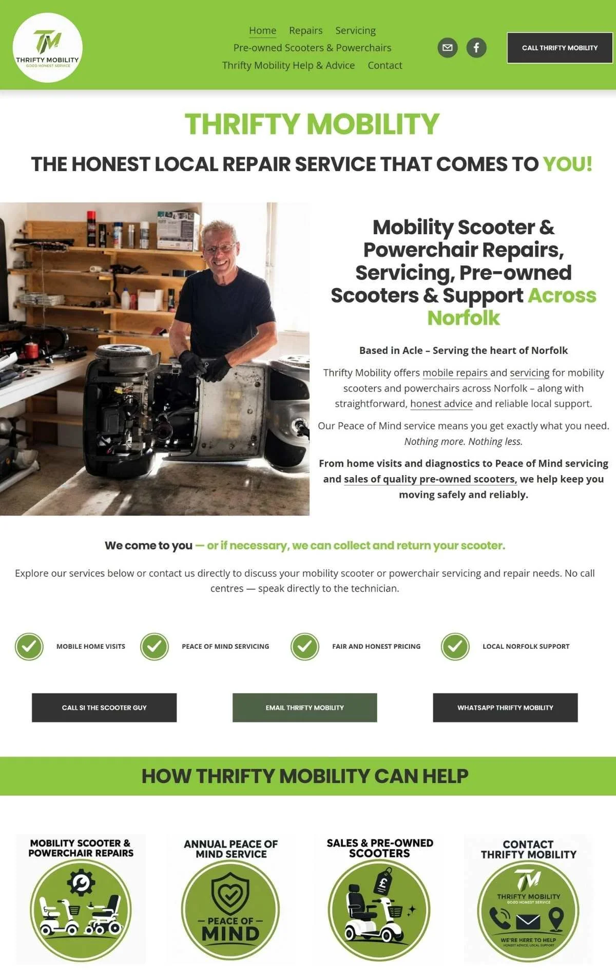 Thrifty Mobility Home Page Image designed by Simple Website Development and Support showing a clear structure that quickly answers what the business is, what it does and where it operates