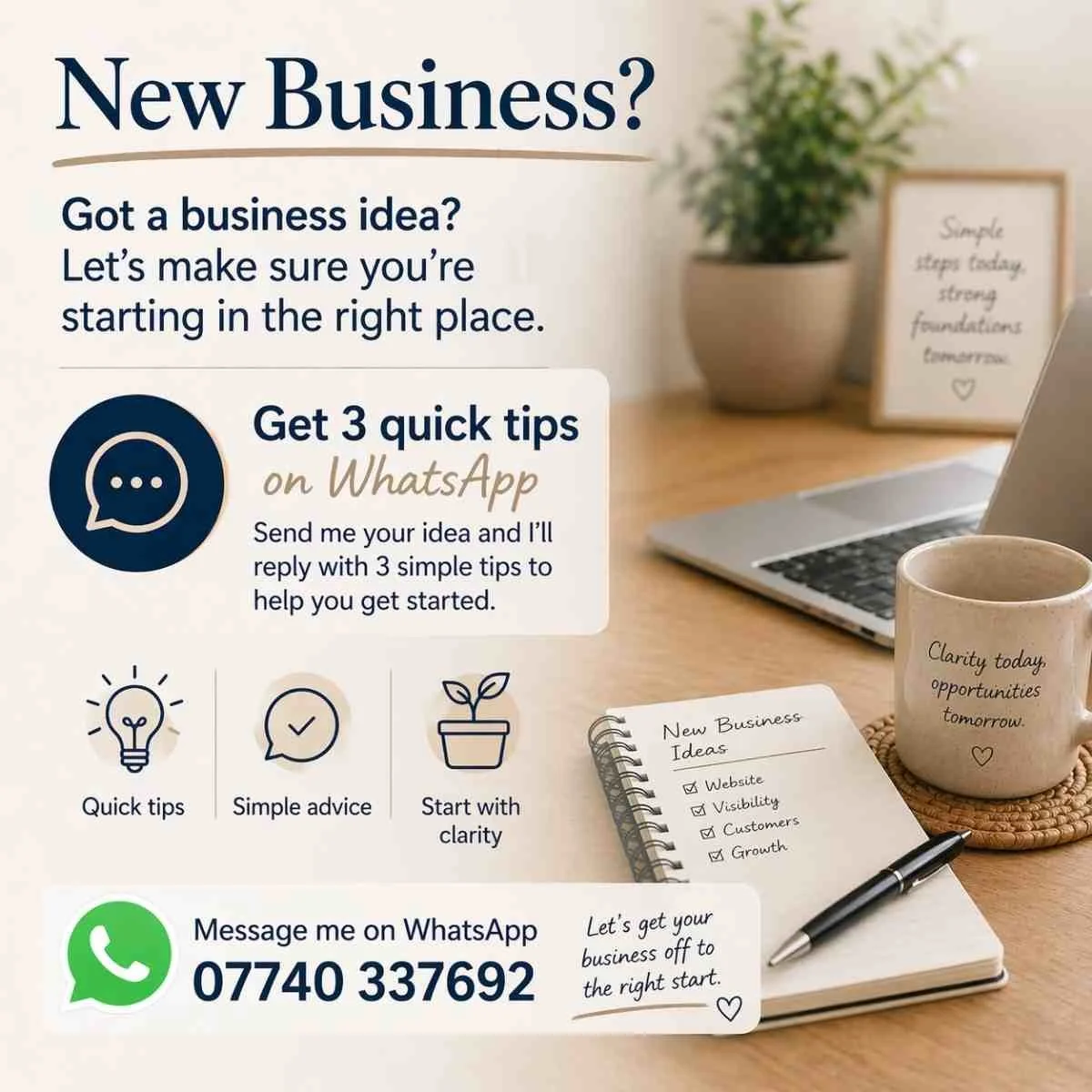 New business idea UK get 3 quick website and visibility tips on WhatsApp to start a small business with clarity