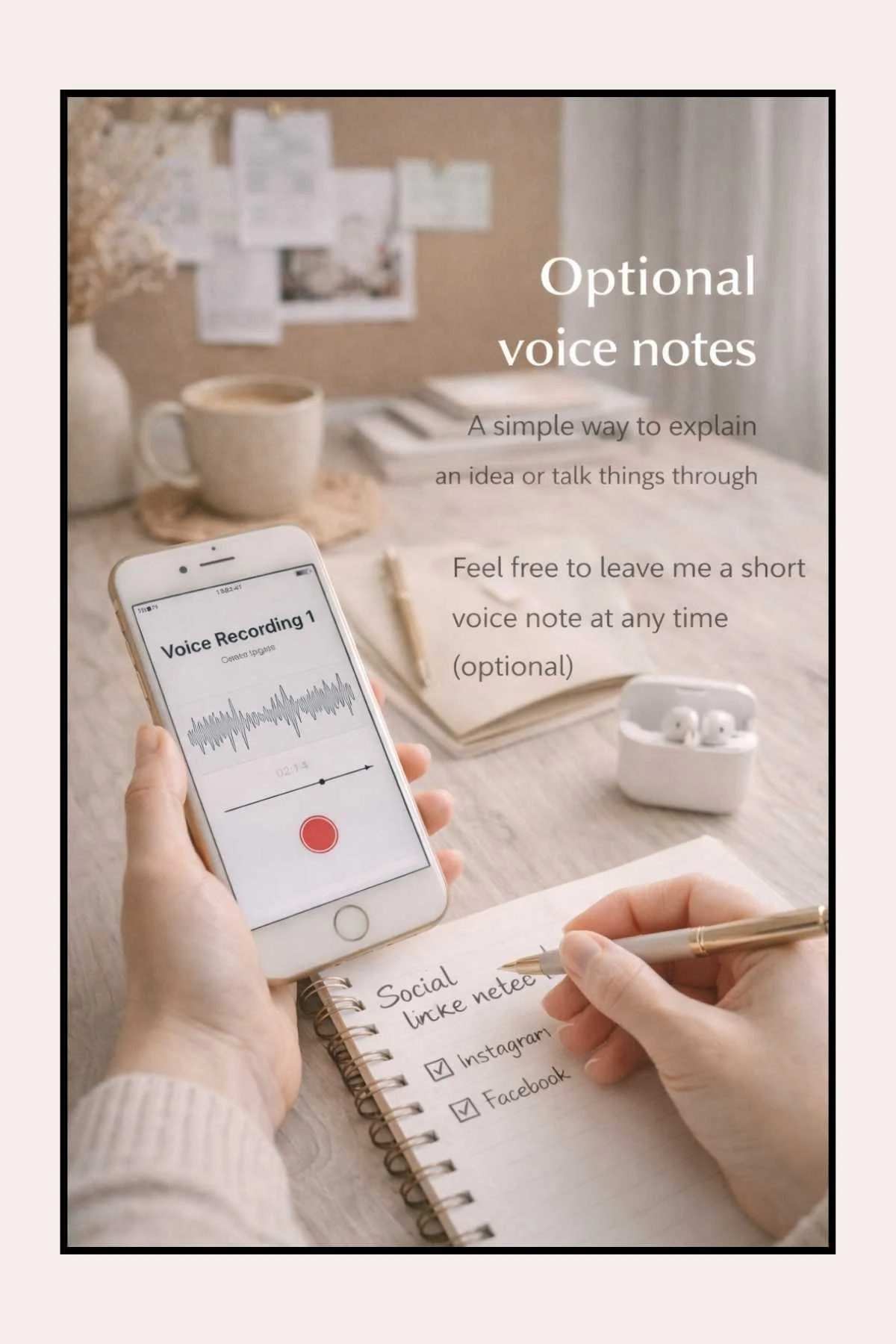 Phone screen showing a voice recording with notebook and coffee, representing optional voice note communication