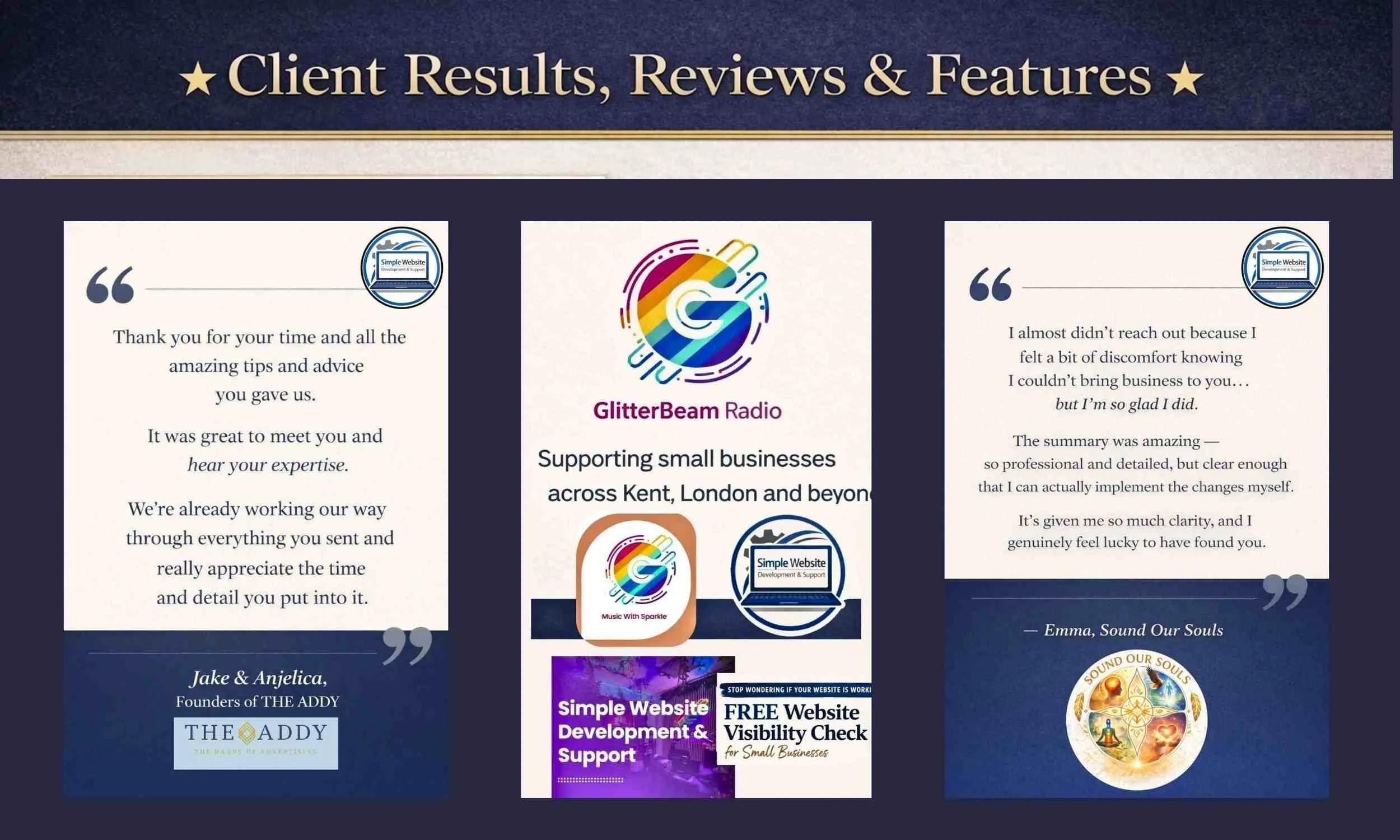Client results and reviews for Simple Website Development & Support showing testimonials from UK small business owners, including website visibility check feedback, GlitterBeam Radio feature, and proven website design results