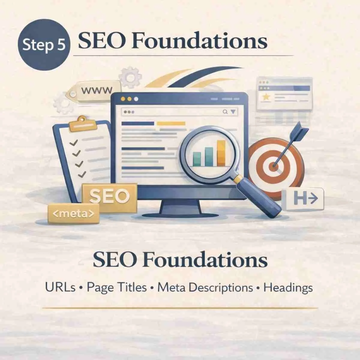 SEO foundations for small business websites including URLs, page titles, meta descriptions and heading structure.