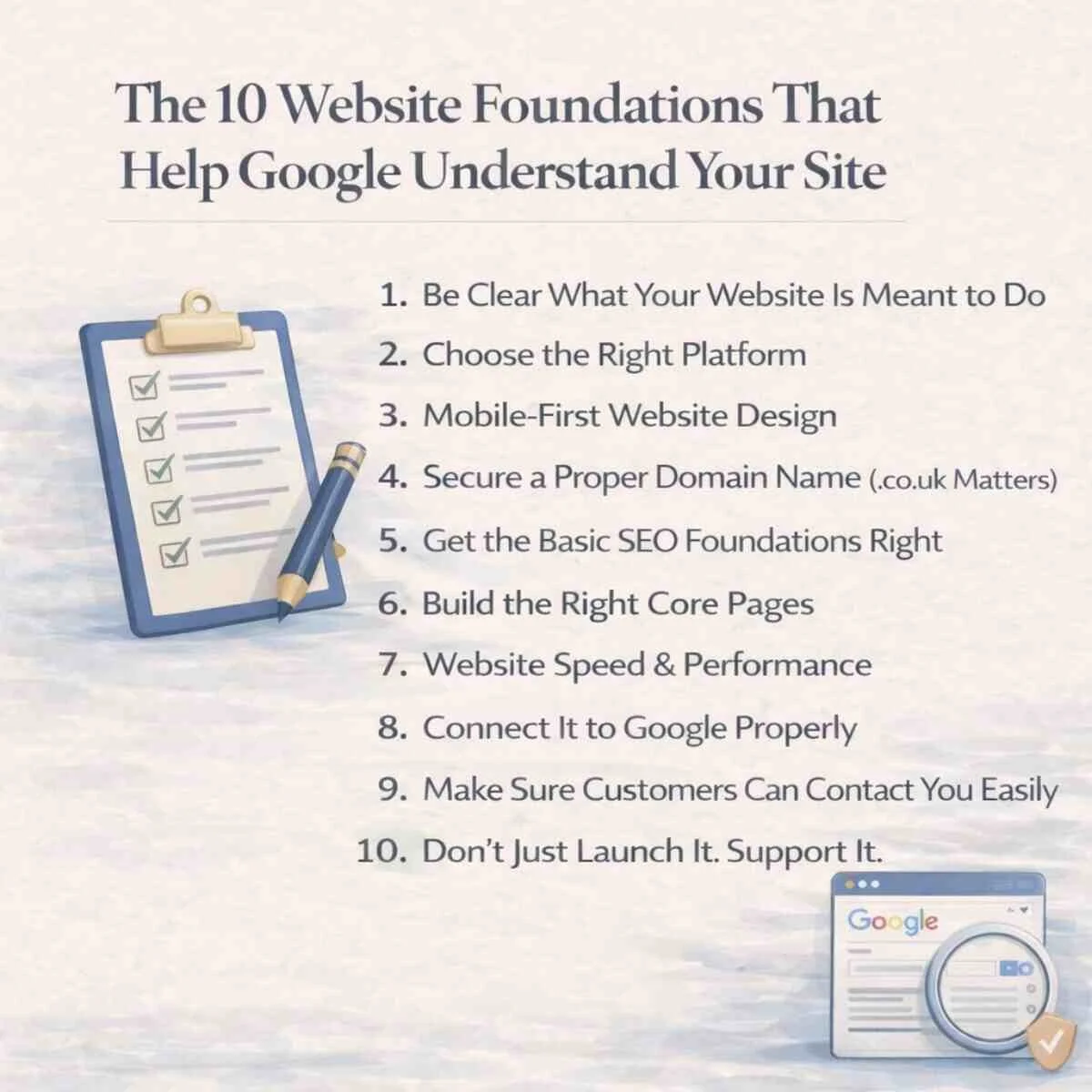Guide showing the 10 steps to building a small business website in the UK that Google can understand and rank in search results.