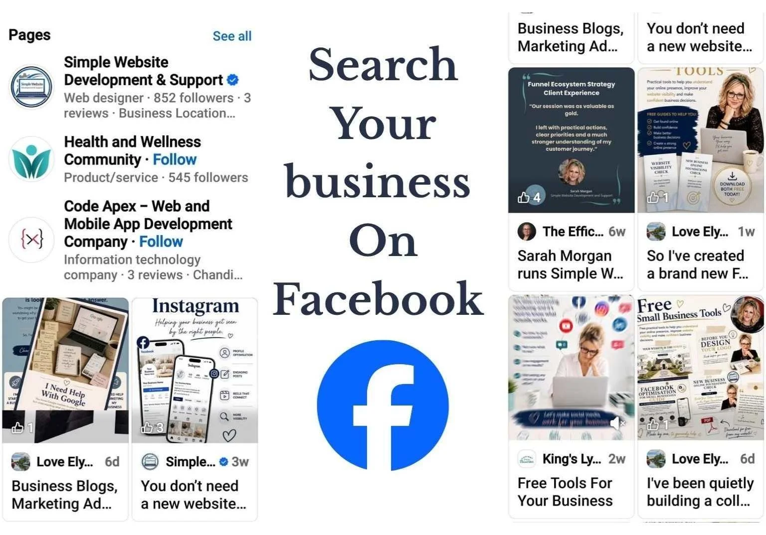 Facebook search results showing the Simple Website Development & Support business page and social media content.