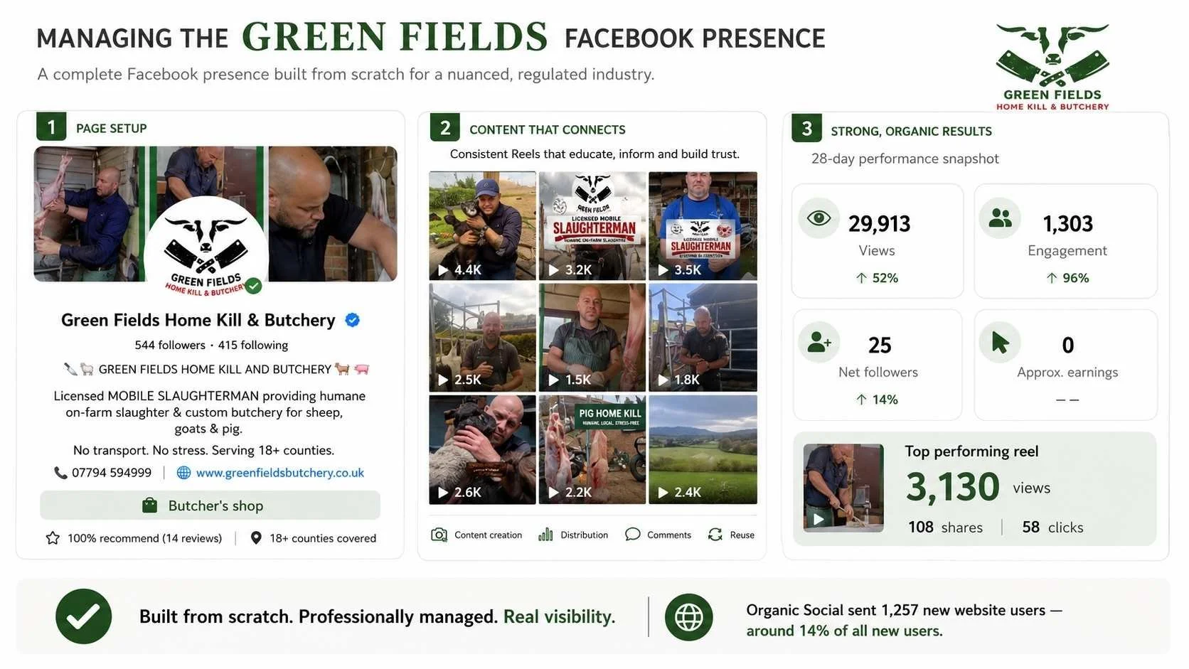 Green Fields Home Kill & Butchery Facebook management case study showing page setup, Reels content and organic results including 29,913 views and 1,303 engagements.