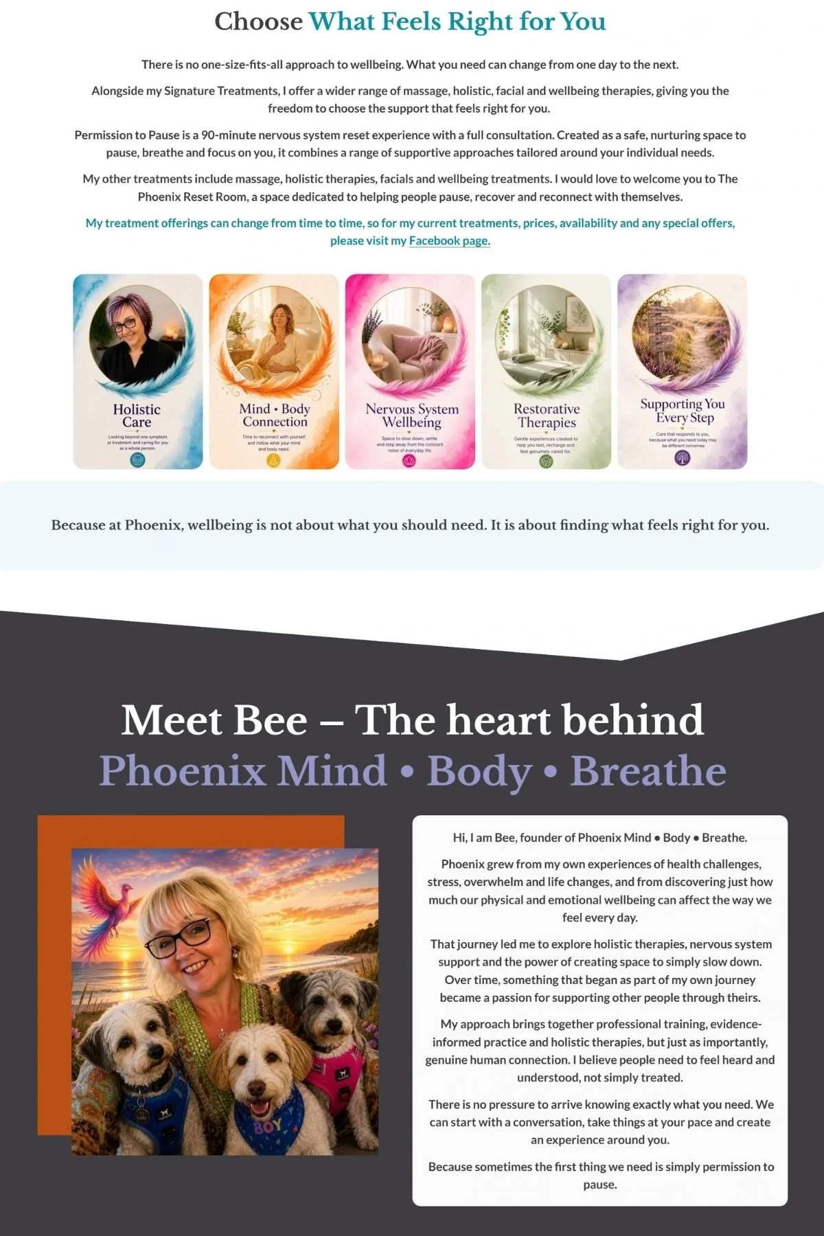 Phoenix website section introducing tailored signature treatments and wellbeing support