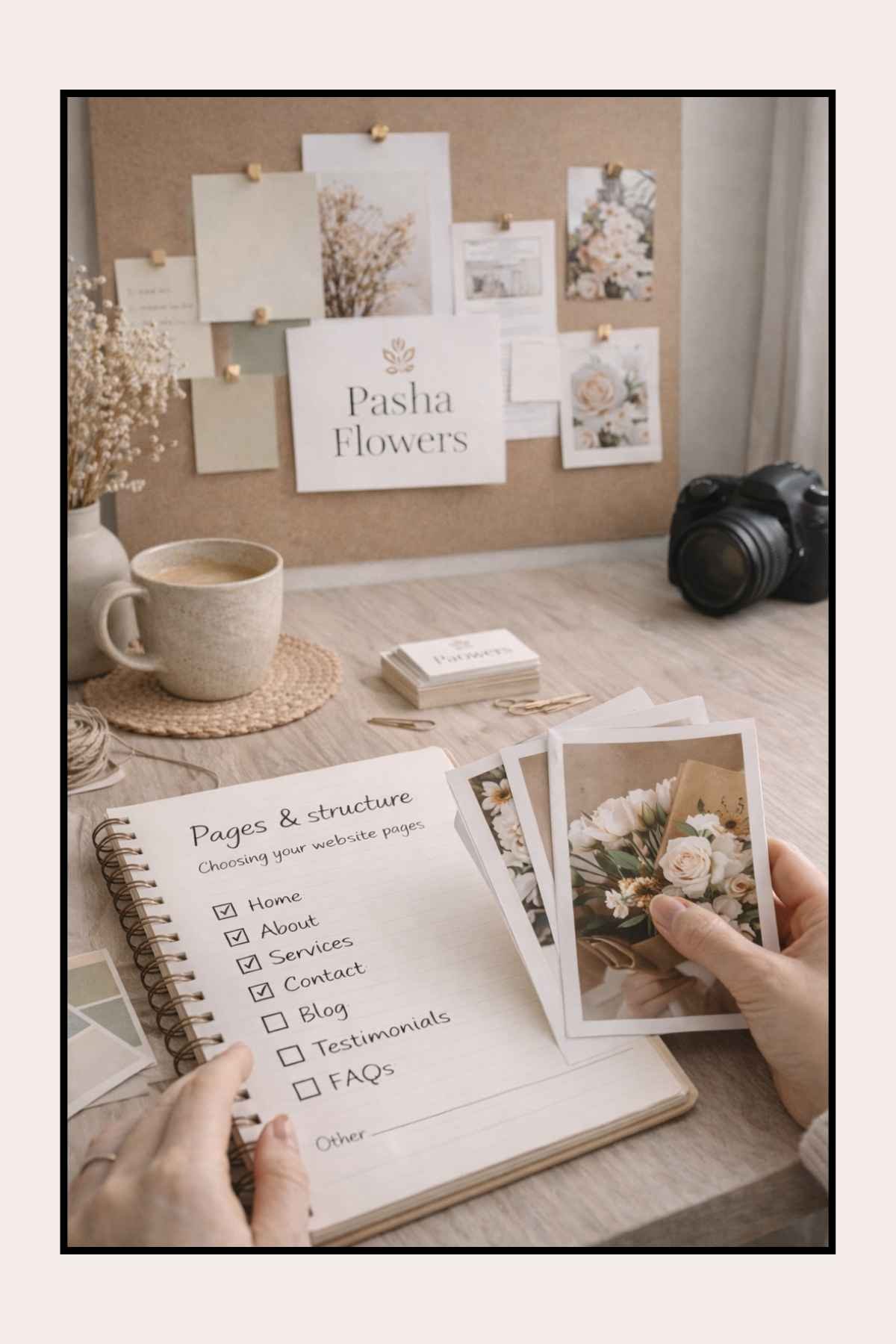 Notebook showing website page structure checklist including Home, About, Services and Contact pages