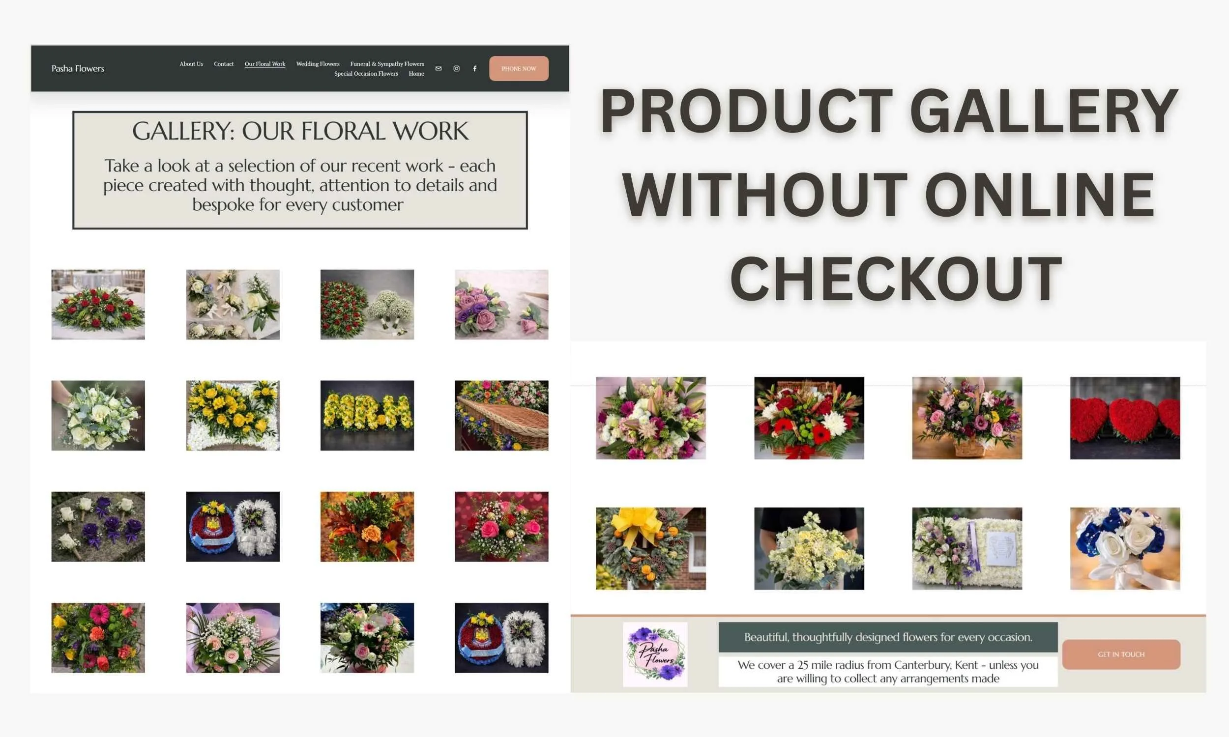 Example of a florist product gallery website showing floral work without online checkout, designed for enquiries instead of ecommerce.