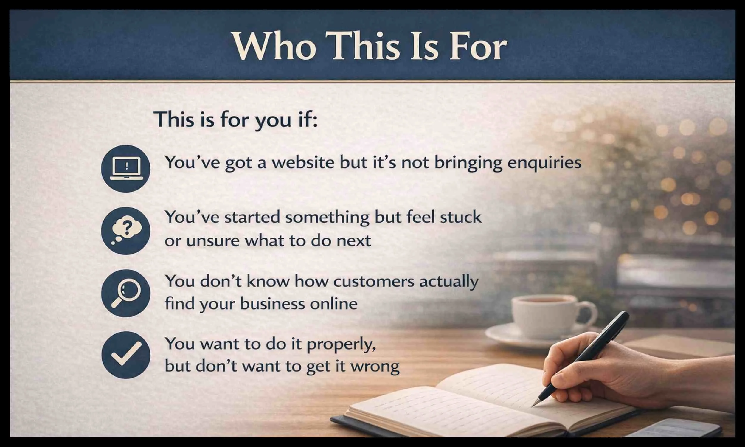 This service is for you if you have a website not bringing enquiries, you feel stuck or unsure what to do next for your businesses online visibility