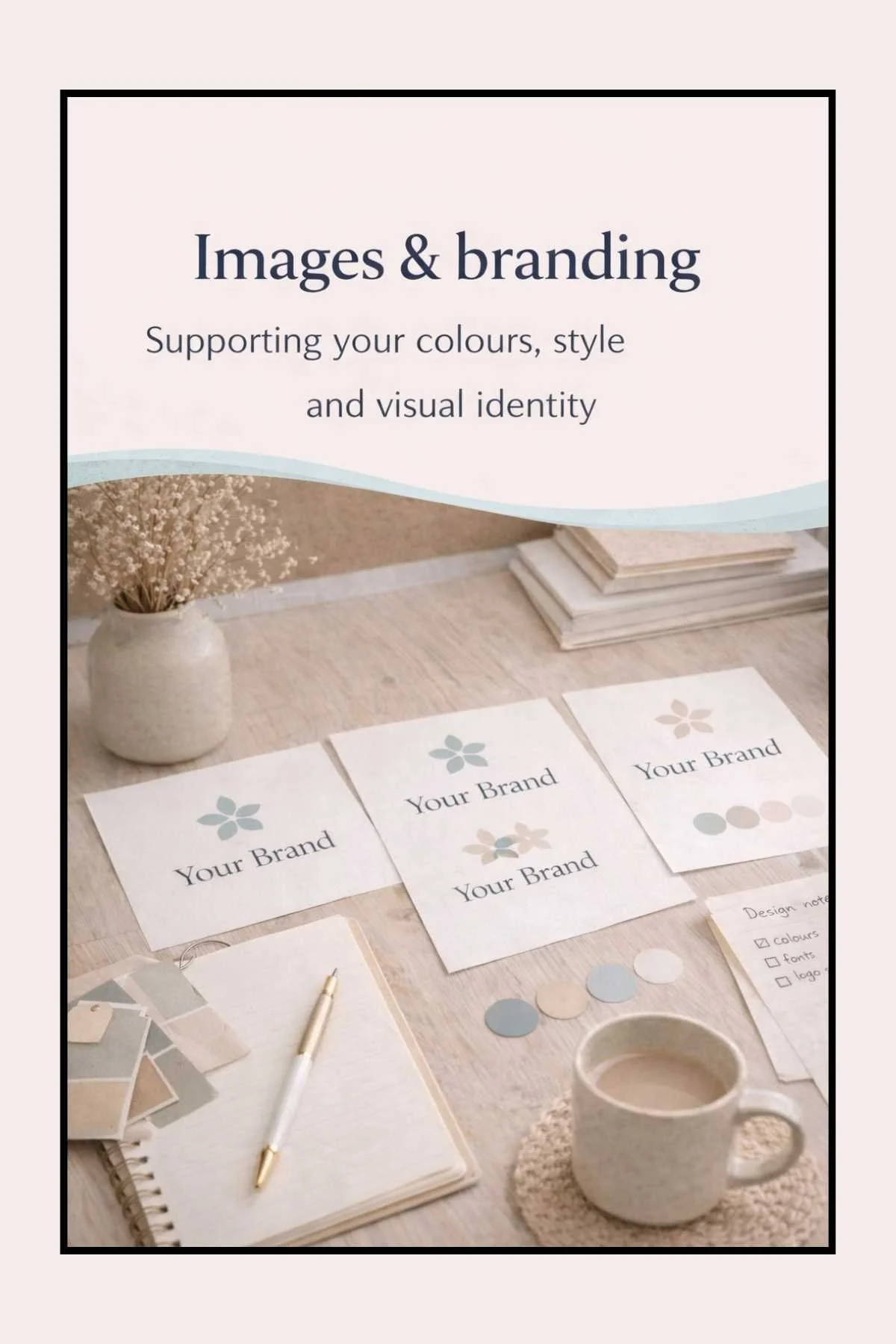 Desk workspace with website planning notebook and printed brand inspiration cards laid out