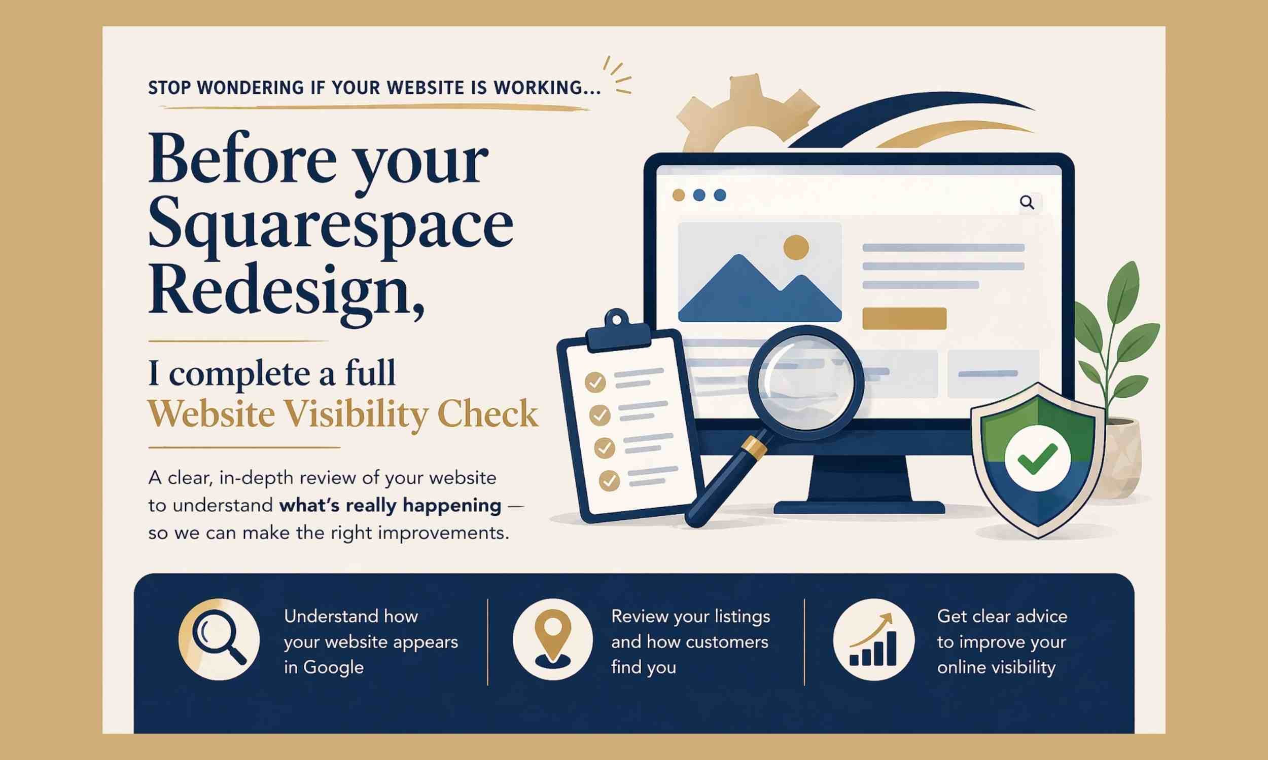 Before a Squarespace website redesign a full website visibility check is completed to identify issues and improve performanceBefore a Squarespace website redesign a full website visibility check is completed to identify issues and improve performance