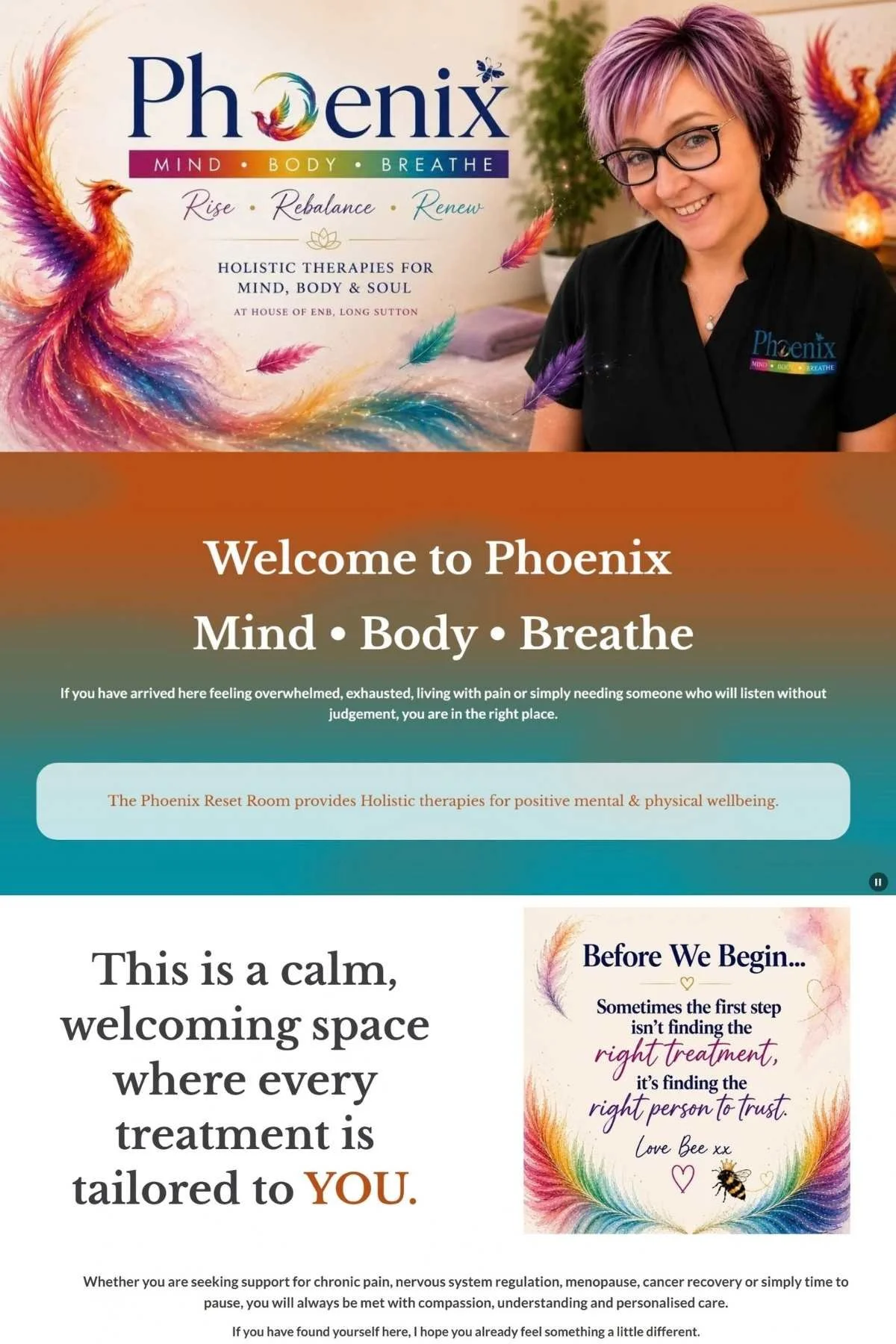 Phoenix Mind Body Breathe website homepage for holistic therapies at The Phoenix Reset Room in Long Sutton, website designed by Simple Website Development & Support