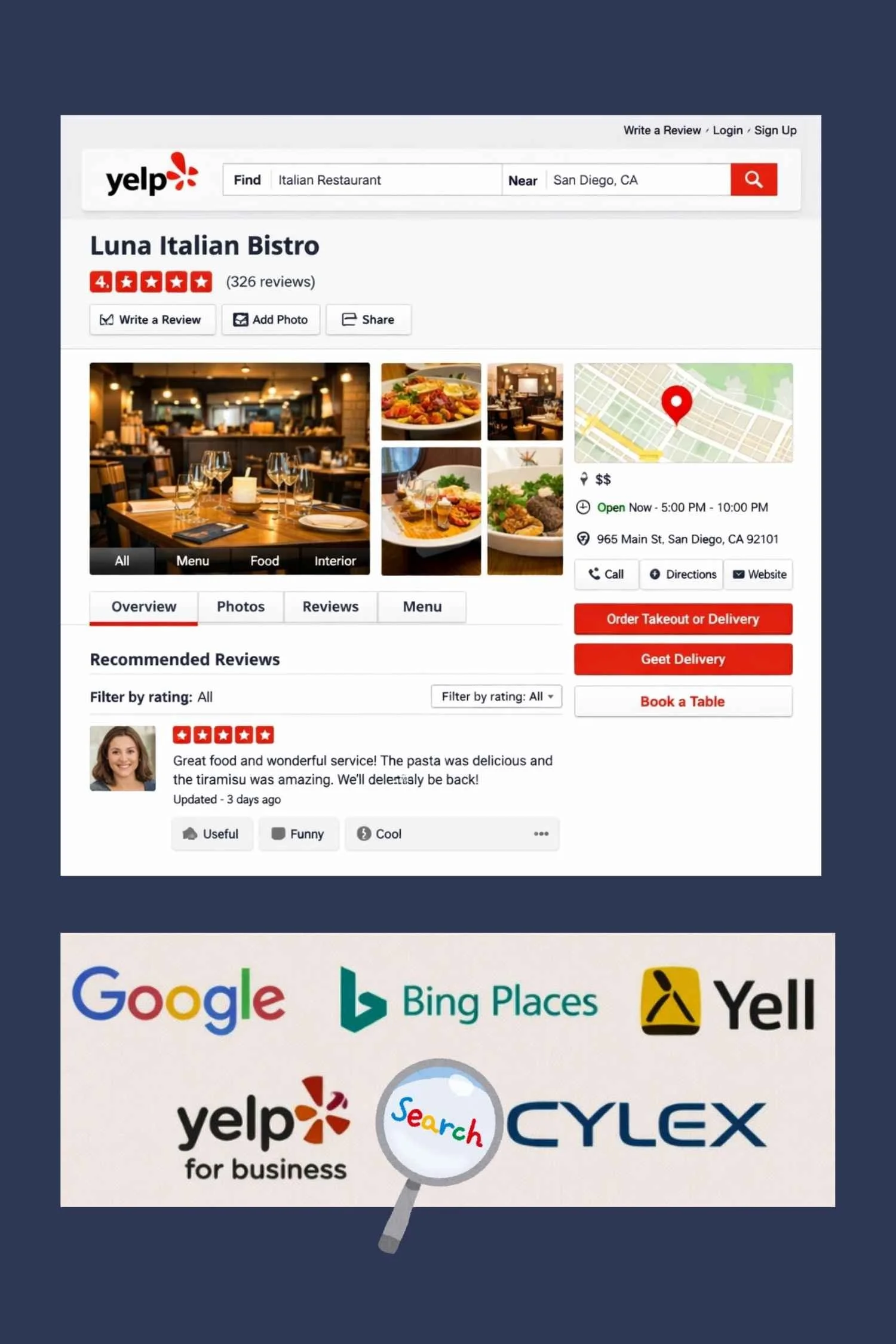 Illustration showing business directory listings setup for UK small businesses including Yell, Cylex and Yelp as well as Google and Bing