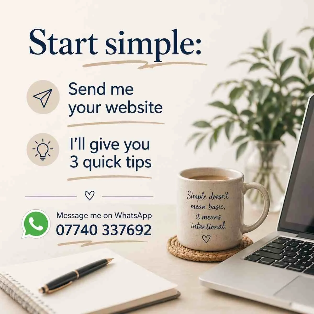 Get 3 quick website tips on WhatsApp for small businesses looking to improve visibility and enquiries