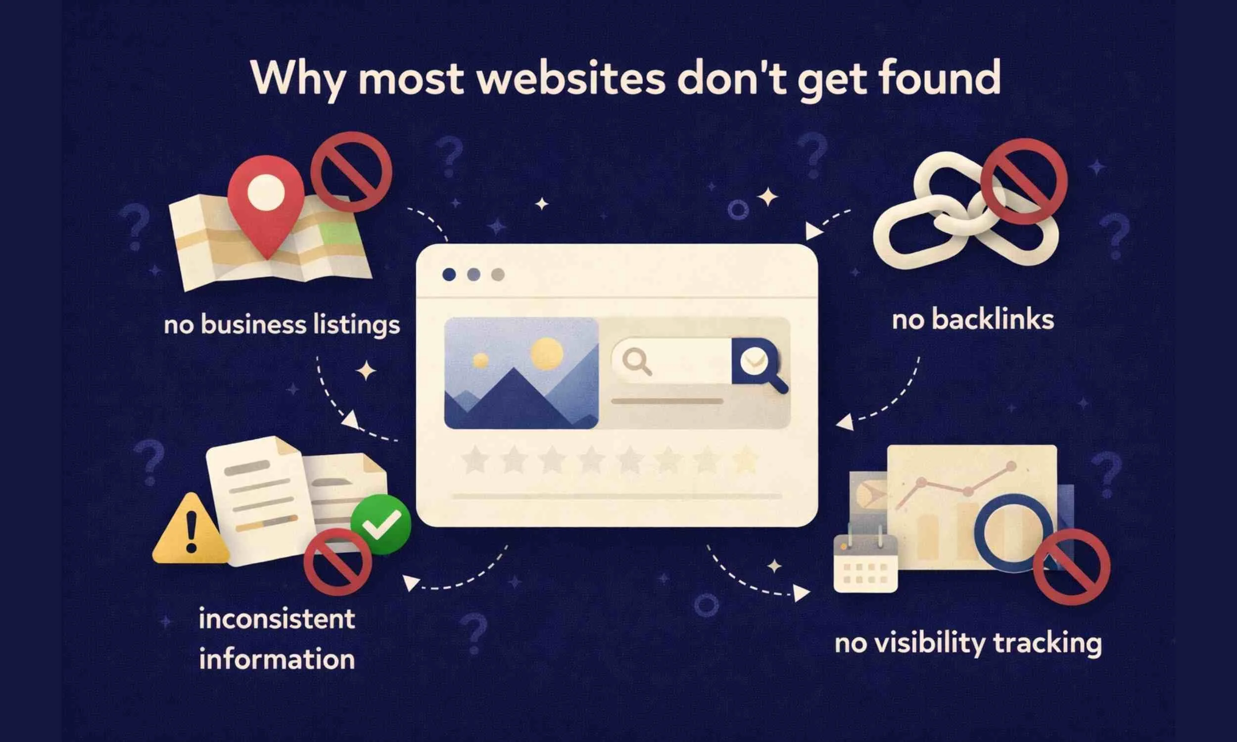 Infographic showing missing business listings, backlinks, inconsistent information and lack of tracking affecting website visibility