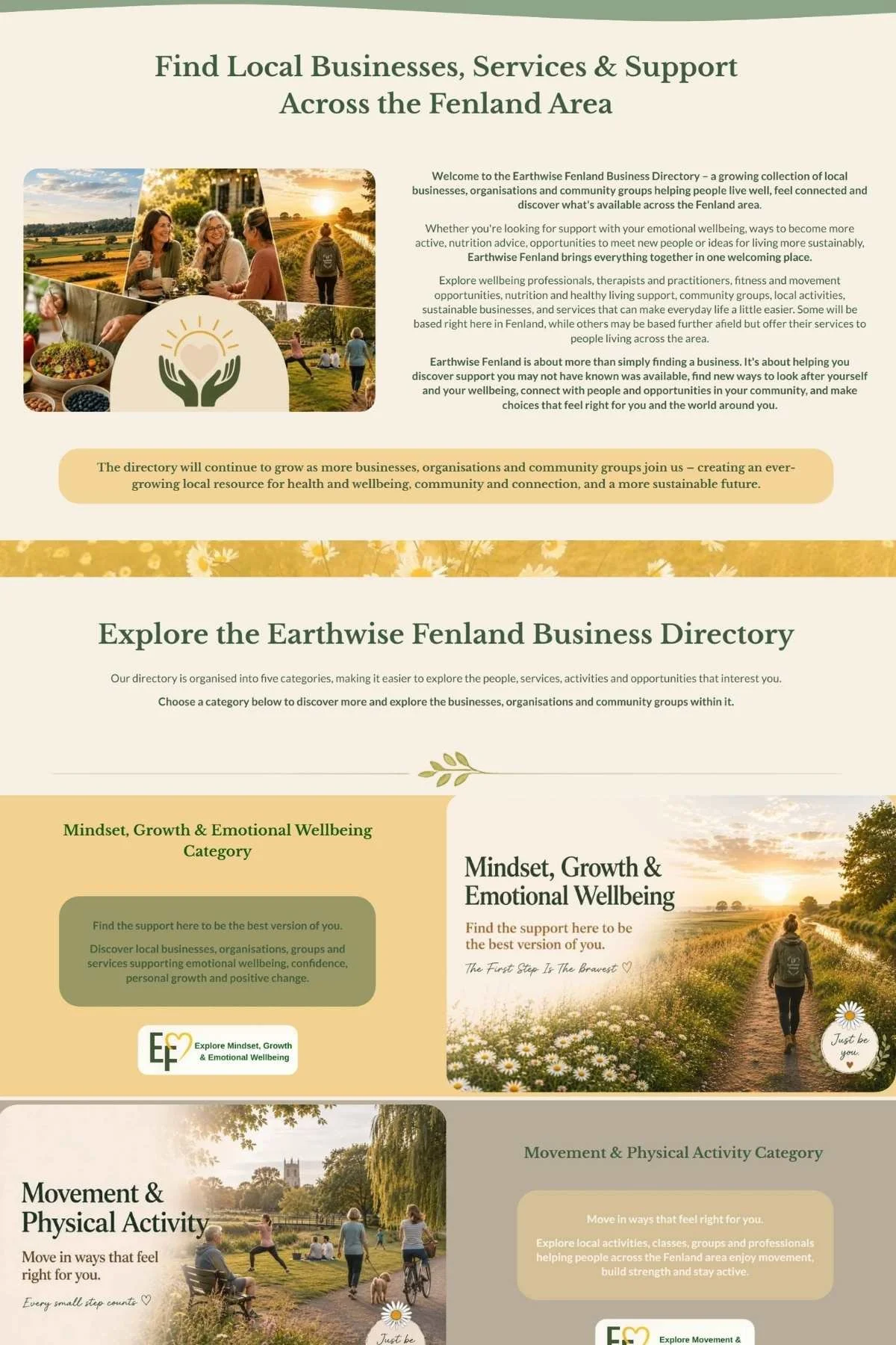 Earthwise Fenland directory sections for nutrition, community and sustainable living