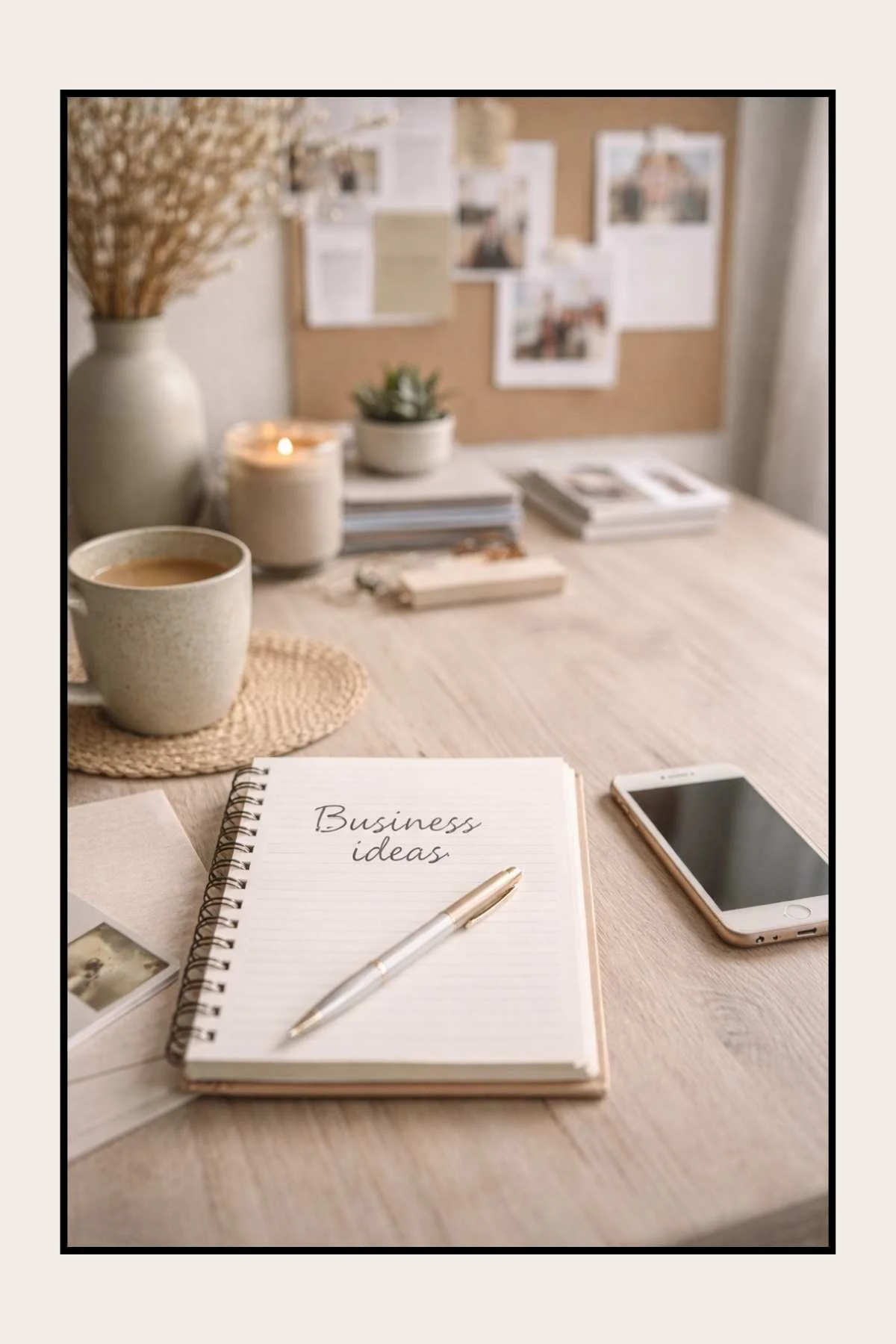 Minimal workspace with notebook titled “Business ideas”, coffee mug and phone on a tidy desk