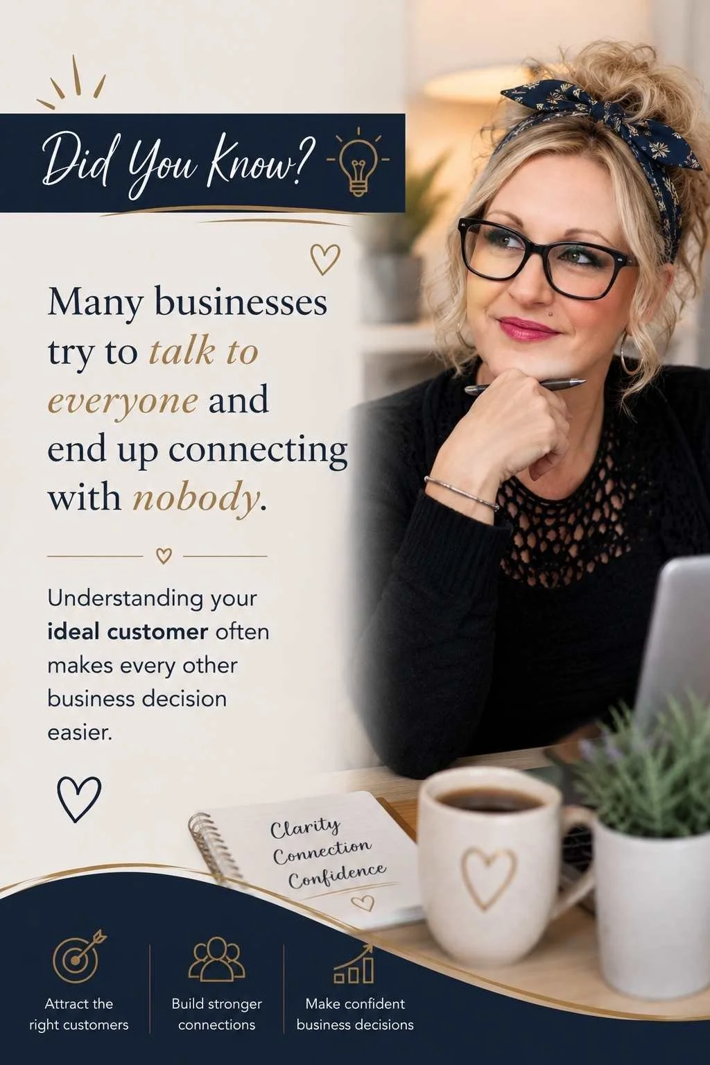 Graphic asking did you know that many businesses try talking to everyone and end up connecting with nobody, swds New Business Online Foundations Check helps you understand your ideal customer