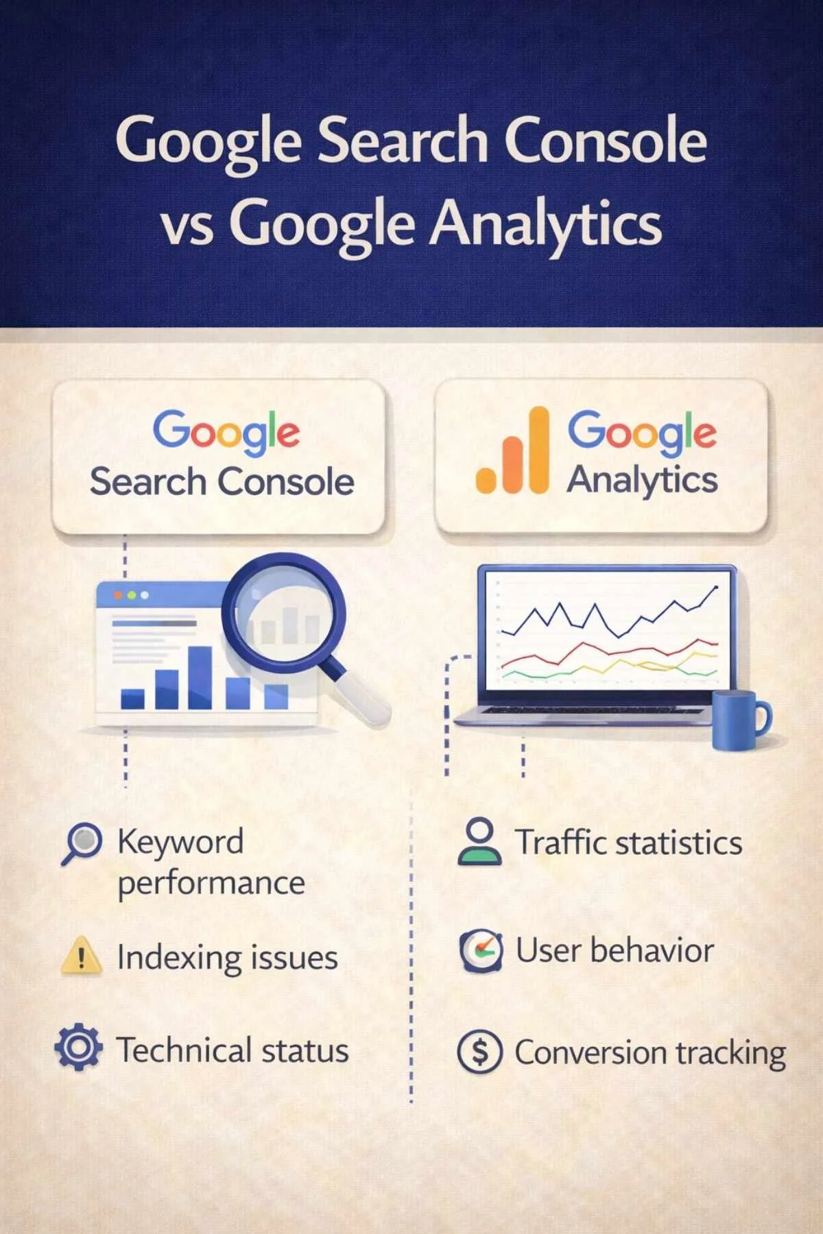 Comparison showing difference between Google Search Console and Google Analytics for website data.
