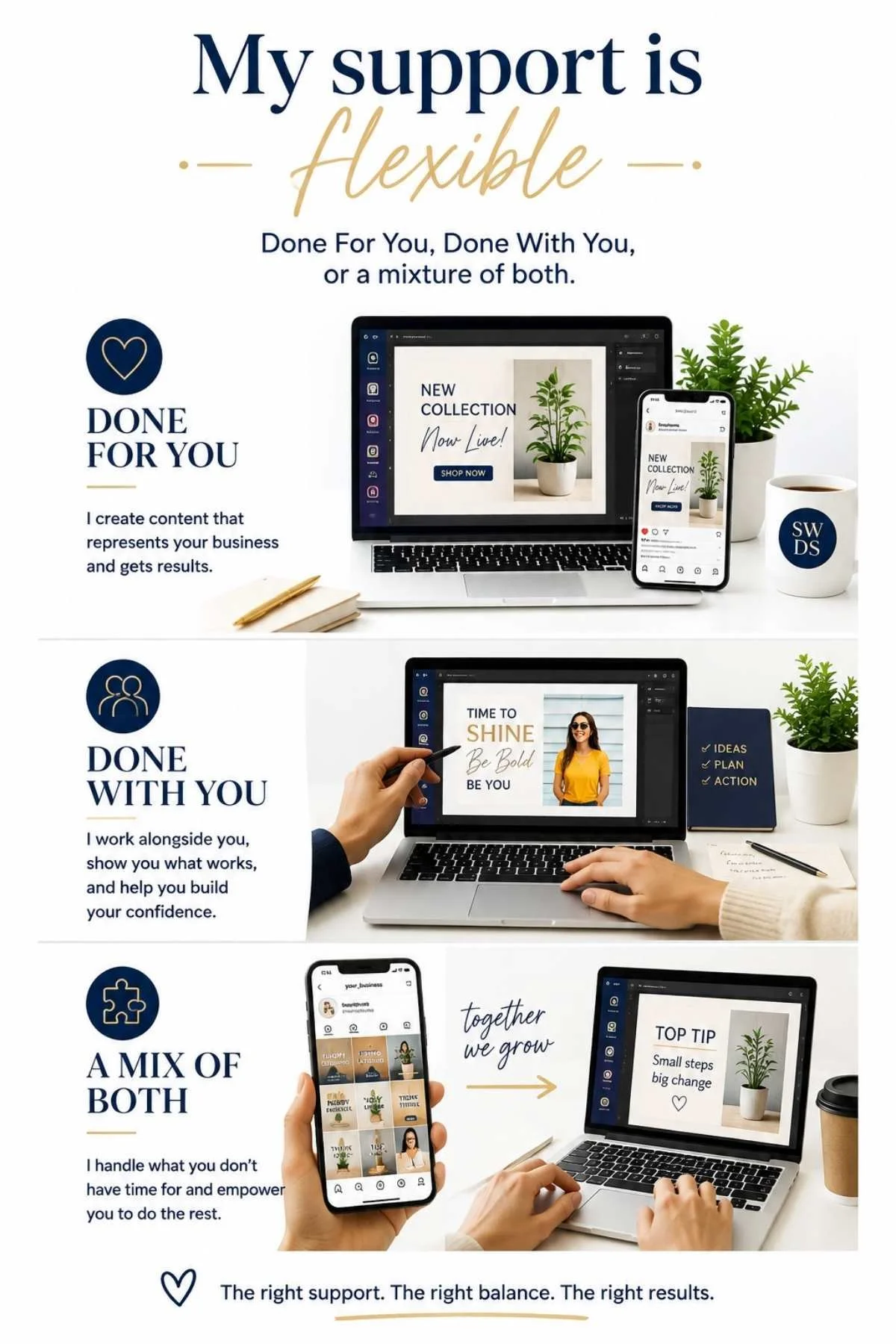 Flexible social media support for small businesses, with done-for-you, done-with-you and mixed support options