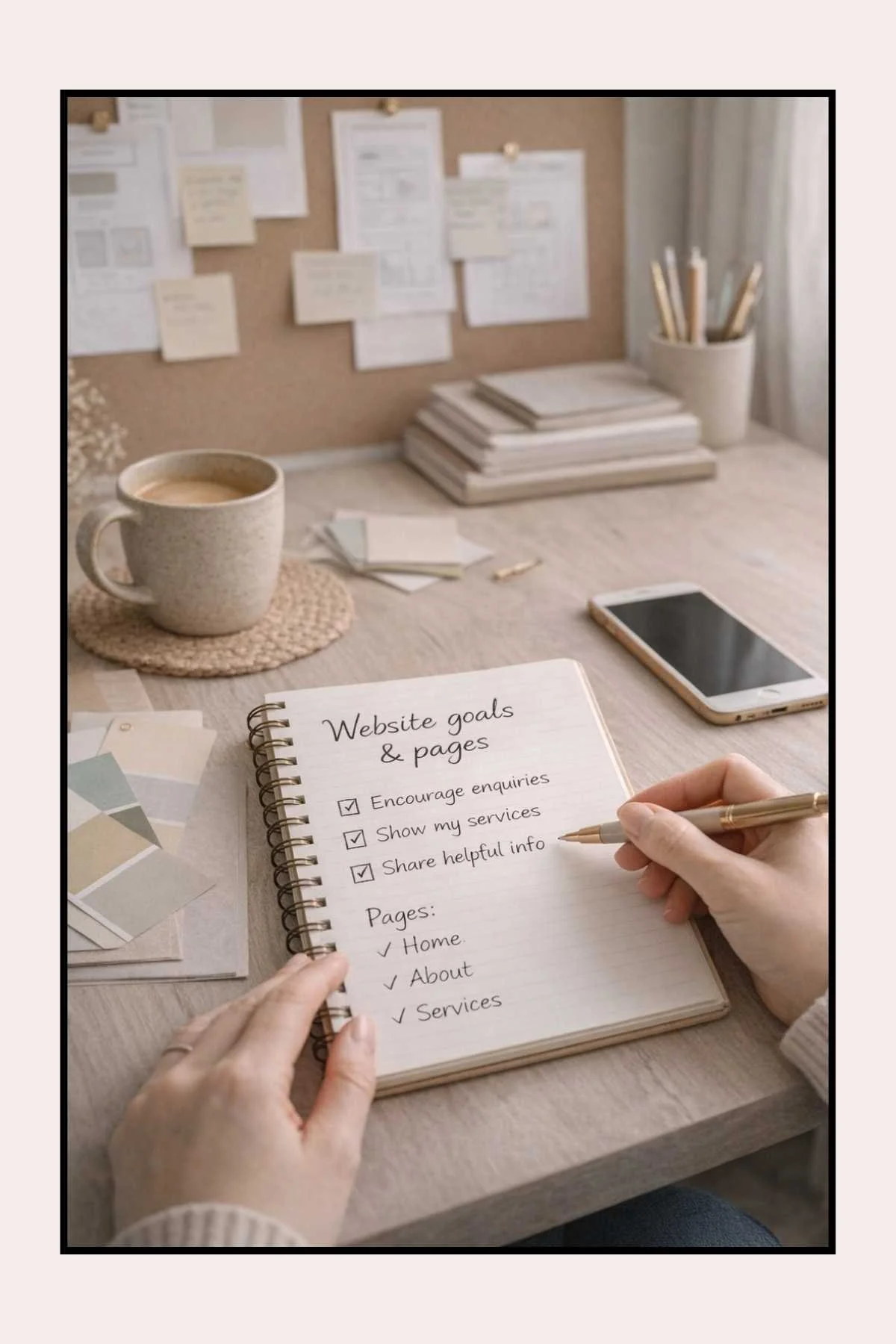 Hands writing website goals in a notebook, listing pages like Home, About and Services on a clean desk