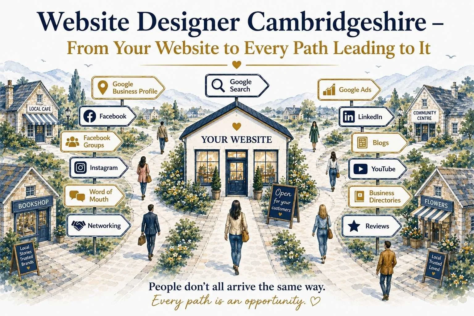 Website designer Cambridgeshire illustration showing the different paths customers can take to a website, including Google, social media, reviews, blogs, directories and recommendations.
