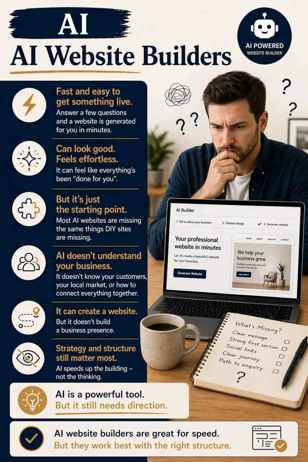 AI website builder for small business UK showing fast website creation but missing structure, customer journey and enquiry setup