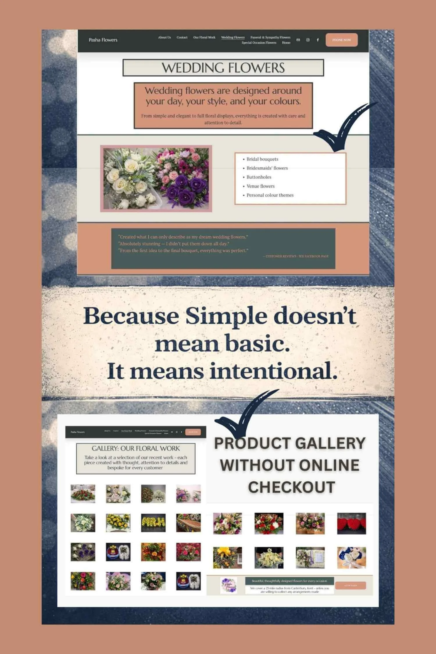 Simple Website Development and Support slogan Simple doesn't mean basic, it mean intentional, images shows Pasha Flowers Website created by Simple Website Development and Support