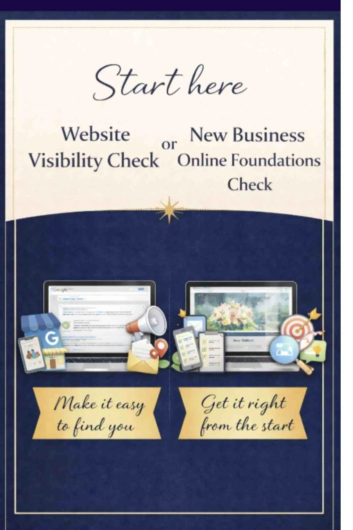Start here with website visibility check or new business online foundations check to improve online visibility and get found on Google