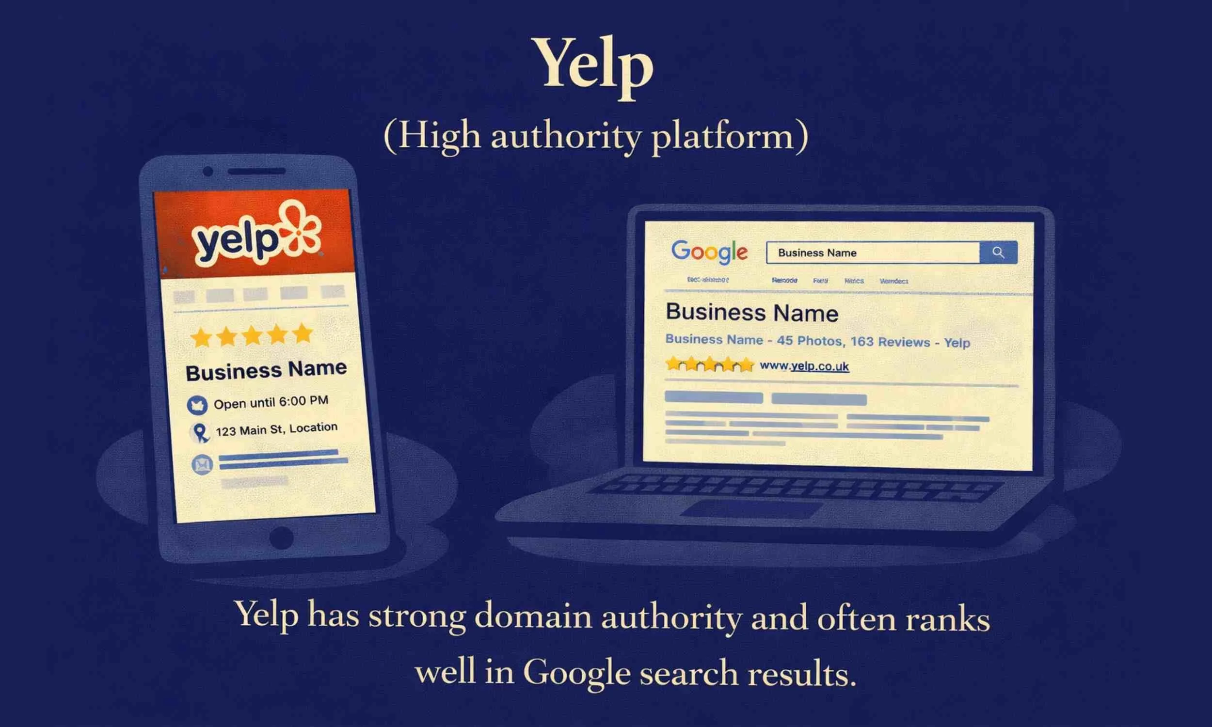 Yelp business listing example showing reviews and high authority search visibility