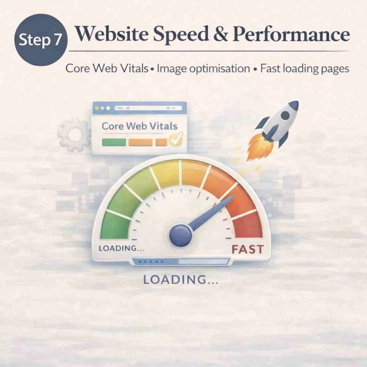 Website speed and performance illustration showing Core Web Vitals, fast loading pages and image optimisation.