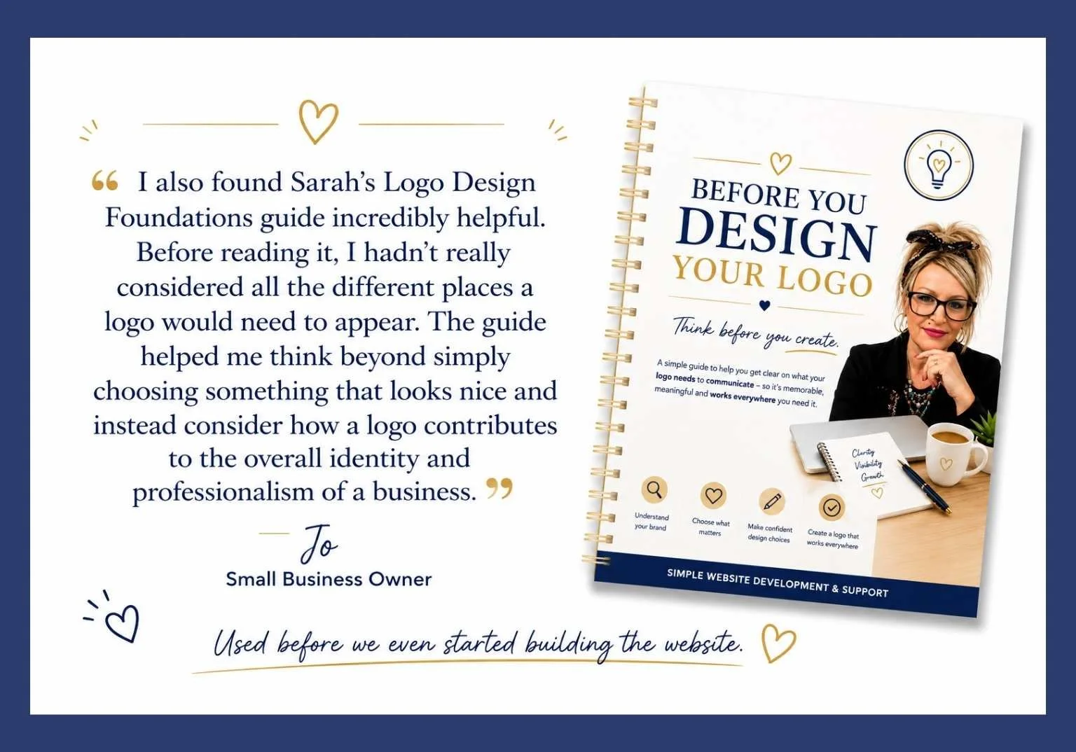 Customer review explaining how the Logo Design Foundations Guide helped a small business owner understand where a logo is used and why good logo design supports business identity and professionalism.