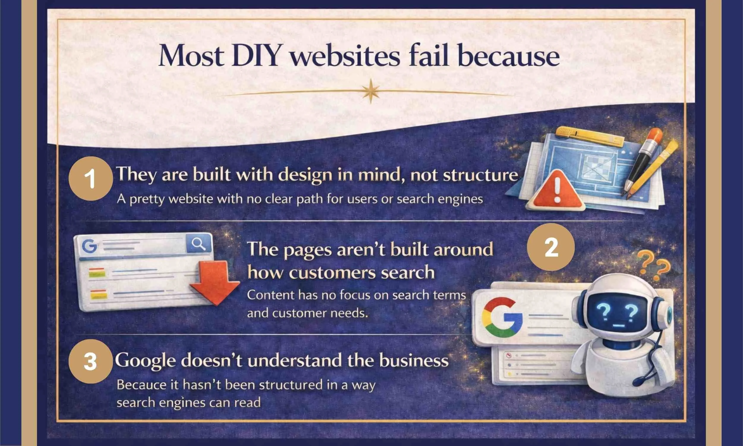 Why DIY websites fail, explaining poor website structure, lack of SEO strategy and why Google cannot understand or rank the business properly