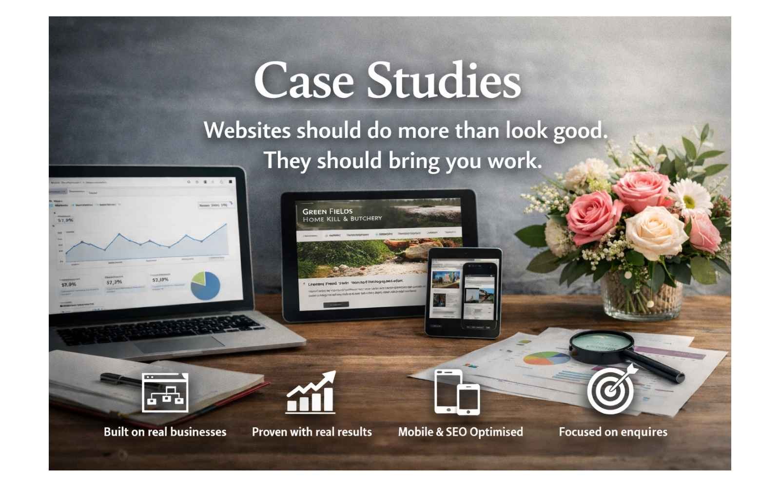 Case Studies showing results-focused Squarespace Websites for service businesses, including analytics performance and real clint websites