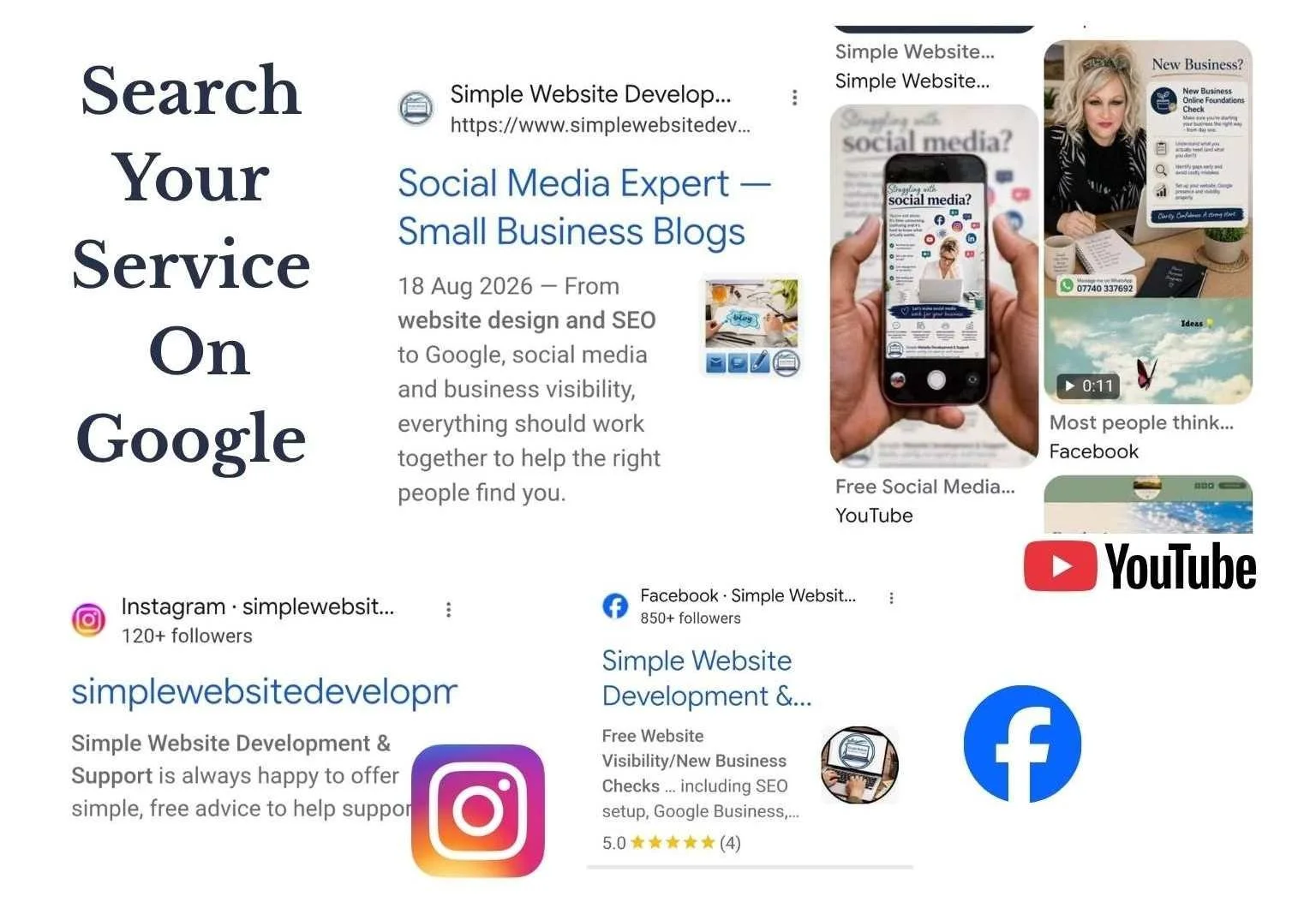 Google search results showing Simple Website Development & Support across its website, Instagram, Facebook and YouTube.