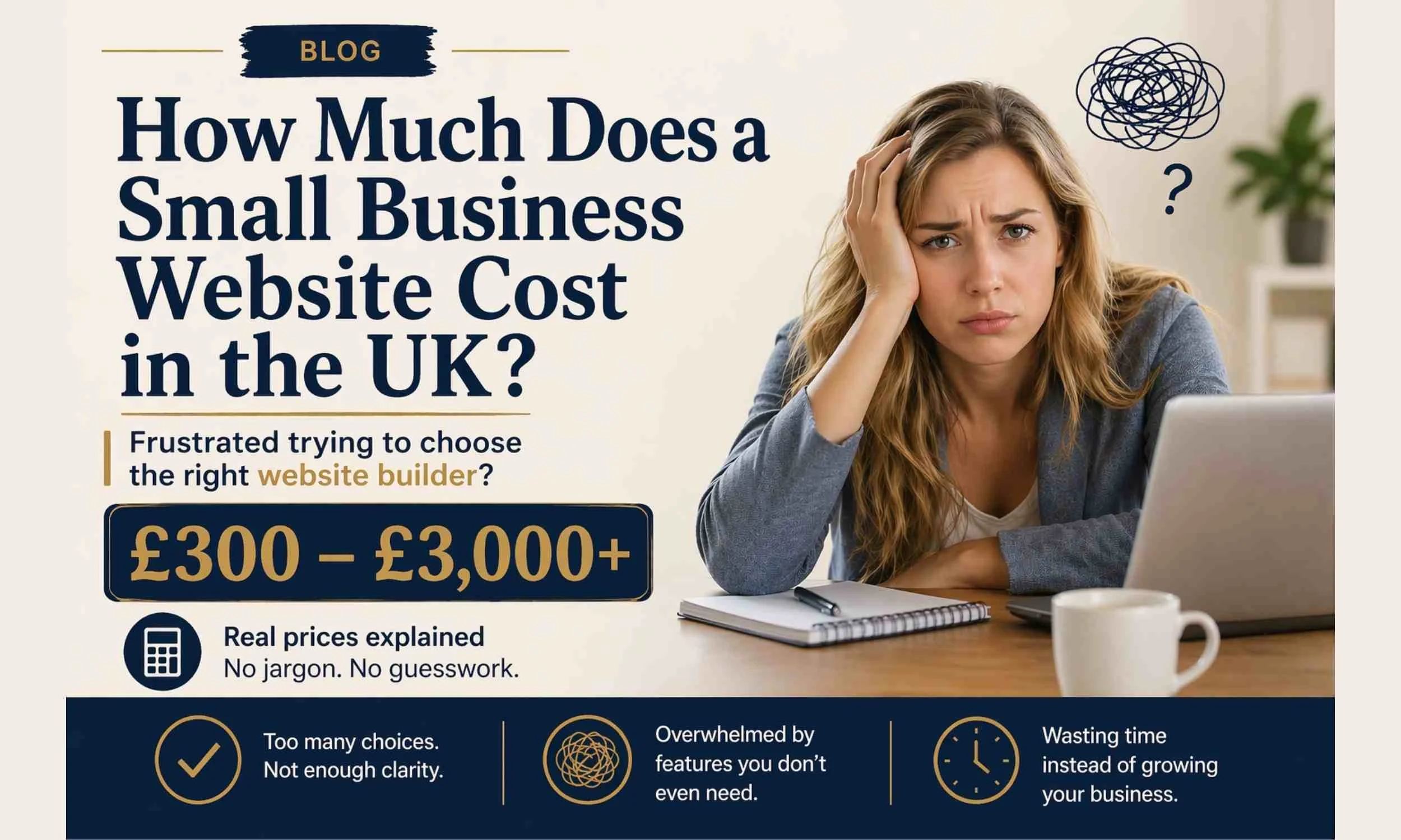 How much does a small business website cost in the UK with pricing from £300 to £3000 and a business owner looking confused about website builders
